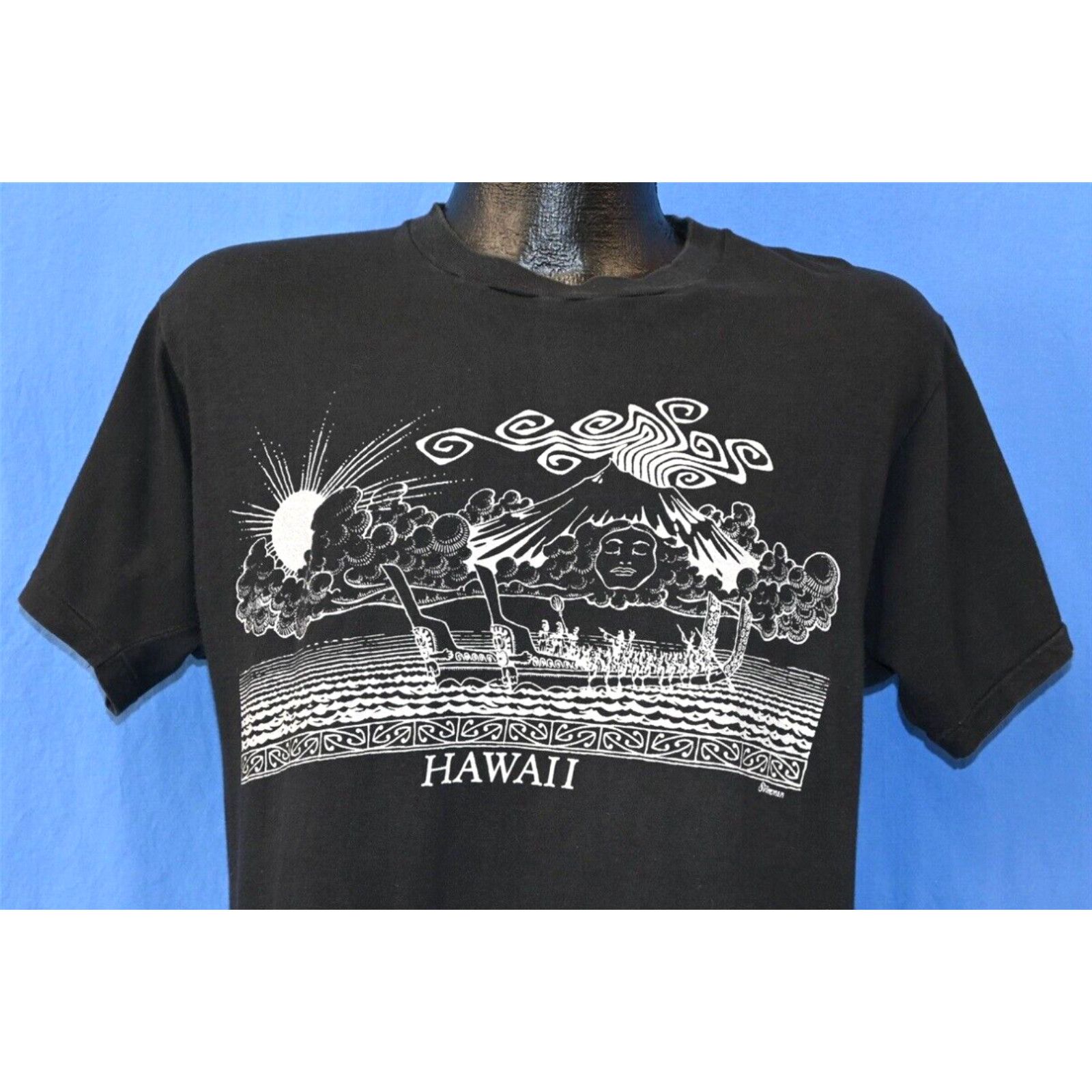 image of Vintage VTG 80's Hawaii Boat Hokule'a Volcano Sunset Polyensian Canoe T-Shirt Large L in White, Men