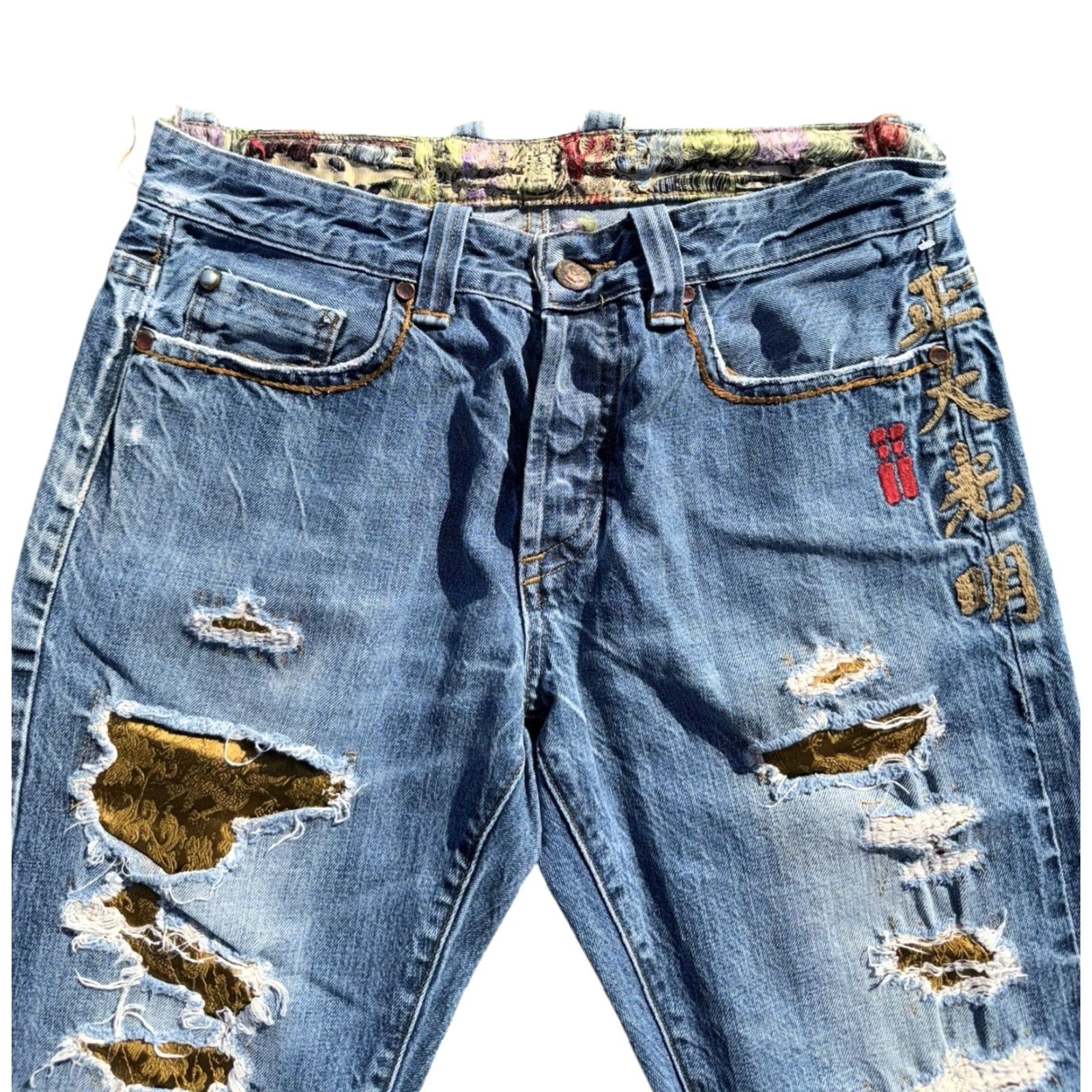 Vintage VINTAGE China Jeans 90s Distressed Repaired Embroidered Satin Selvedge Sz 32 Men Blue Straight Size US 32 / EU 48 - 2 Thumbnail
