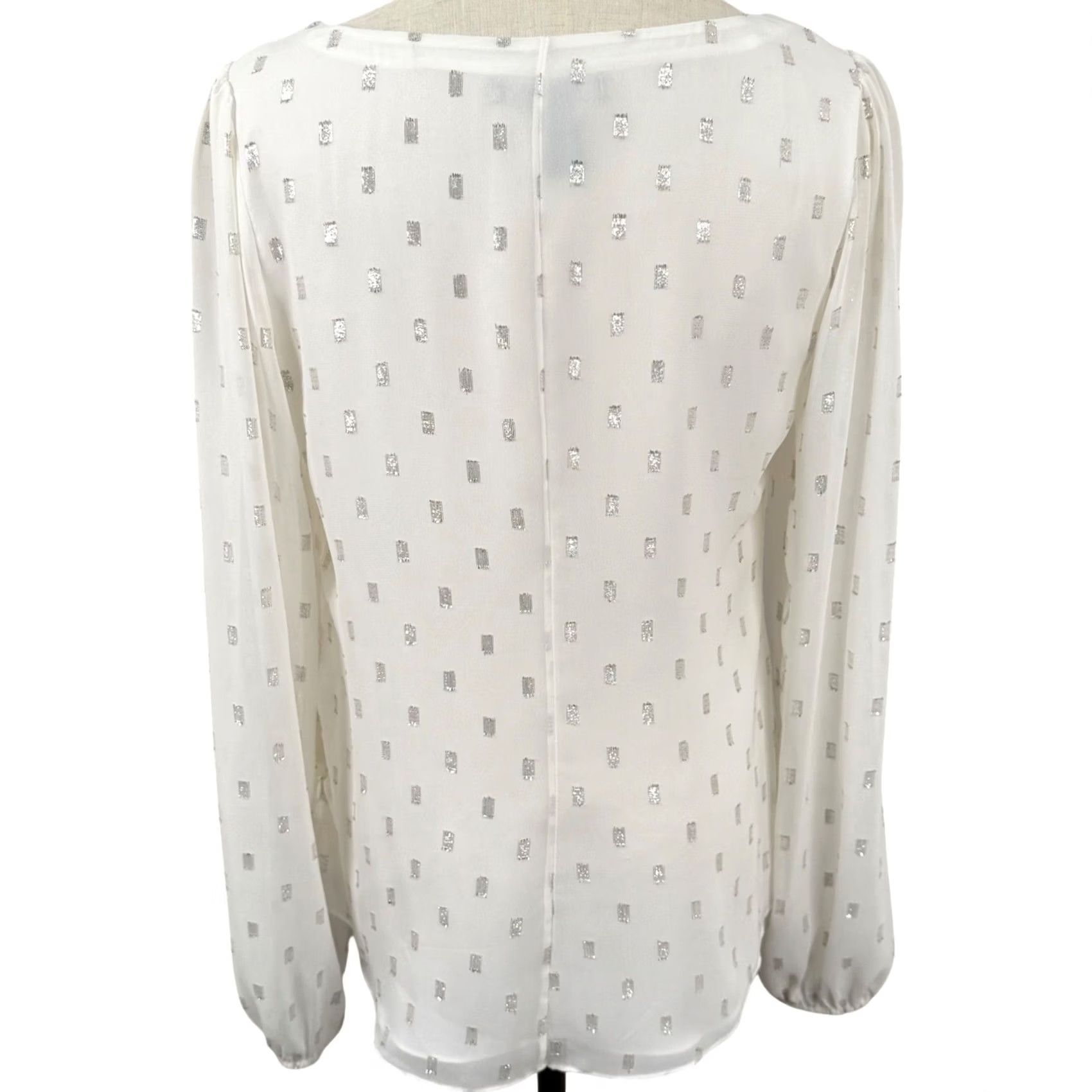 White House Black Market EUC WHBM Blouse White Silver Metallic Foil Rhinestone Shimmer Party Geometric Split V-Neck Long Sleeve Adult Womens Size S / US 4 / IT 40 - 3 Thumbnail