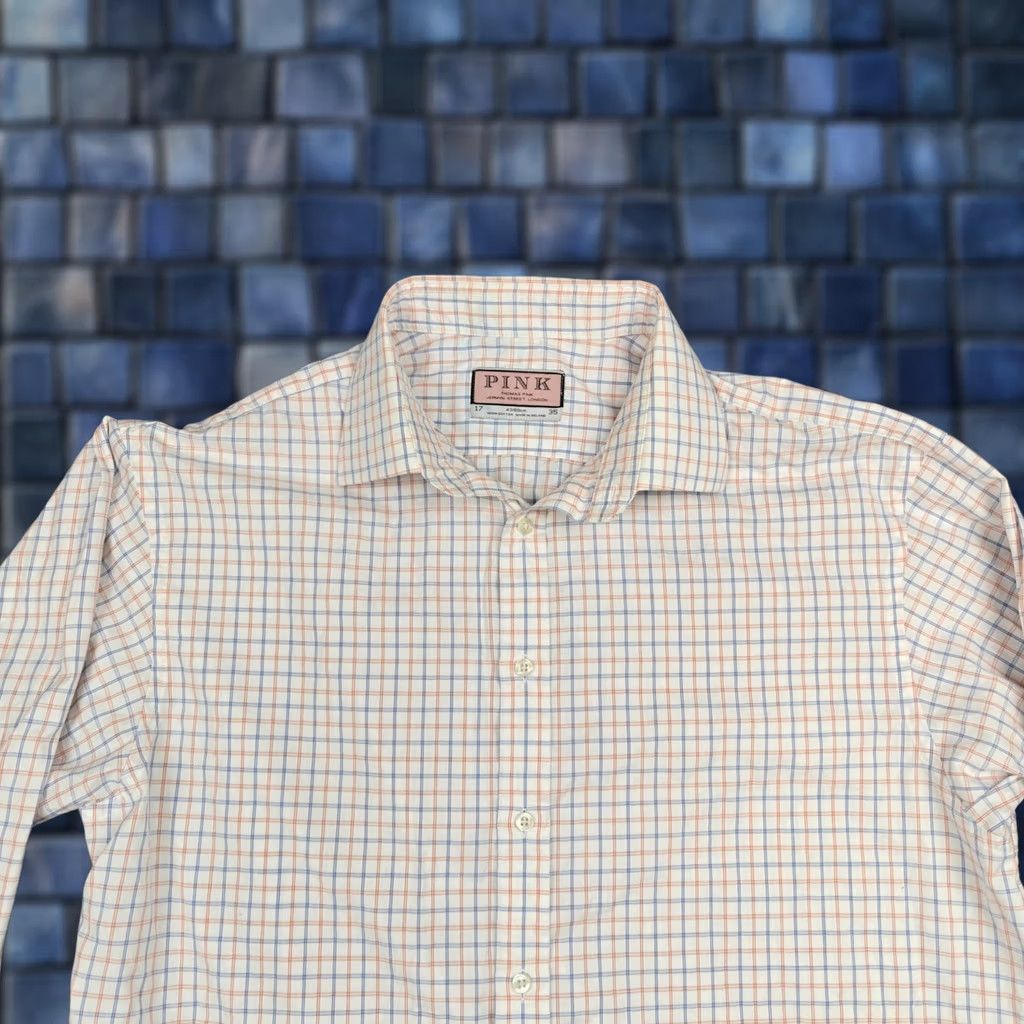 Vintage Thomas Pink Dress Shirt Mens 17 34/35 White Check Regular Fit Long Sleeve Cotton Size 46R - 1 Thumbnail