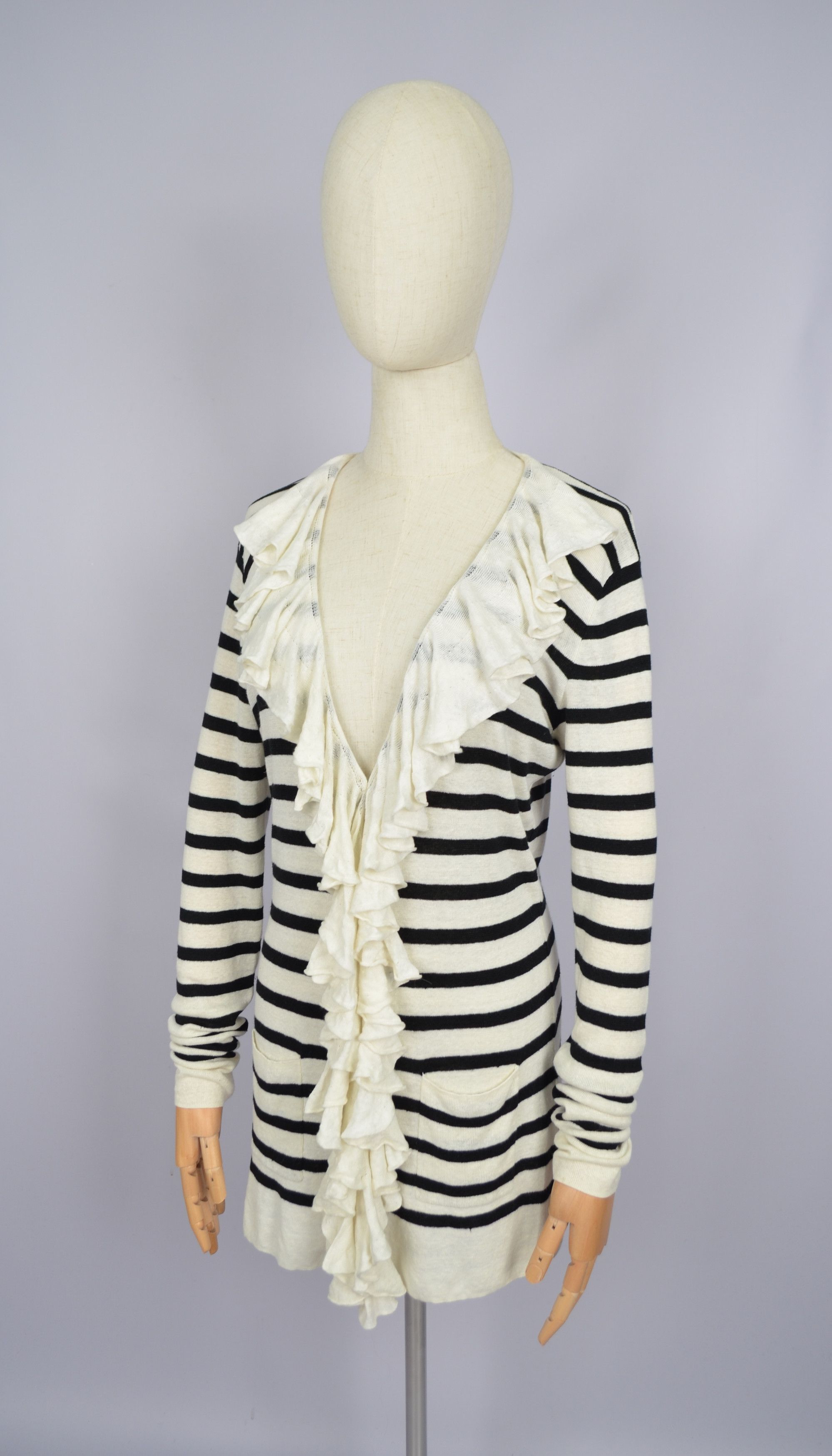 Ralph Lauren 100% Linen Knit Ribbed Trim Ruffled Cardigan