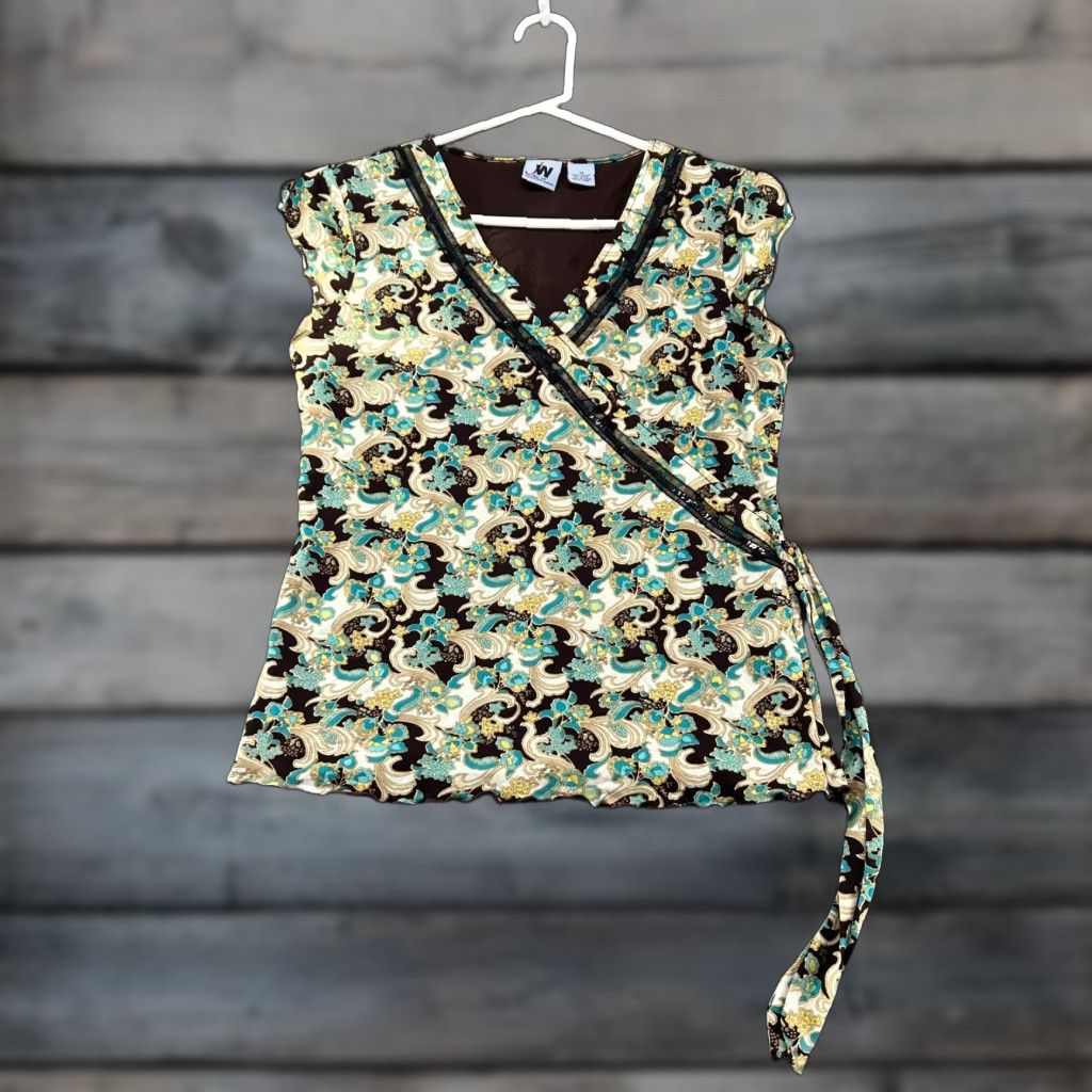 Vintage VINTAGE Junction West Top Womens M Green Brown Floral Paisley Wrap AOP Nylon Y2K Size M / US 6-8 / IT 42-44 - 1 Thumbnail