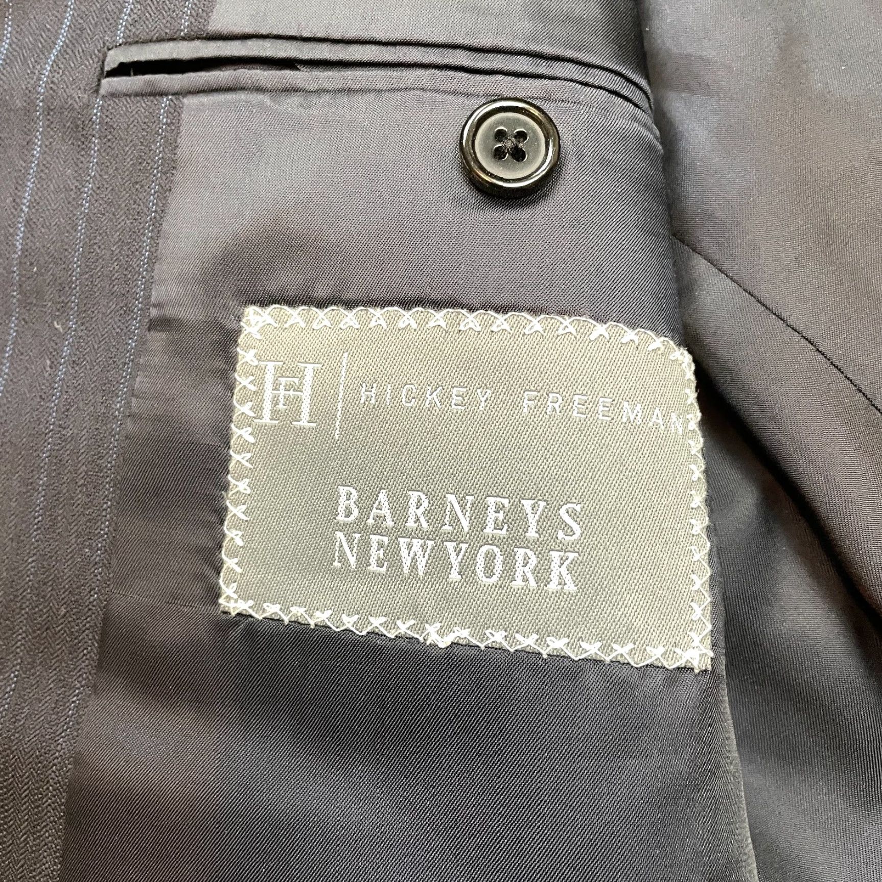 Vintage Hickey Freeman Barneys New York Suit Jacket Mens 42 Regular Nacy Blue Striped - Single-Breasted, Notch Lapel, 2 Piece, Wool Size 42R - 7 Thumbnail
