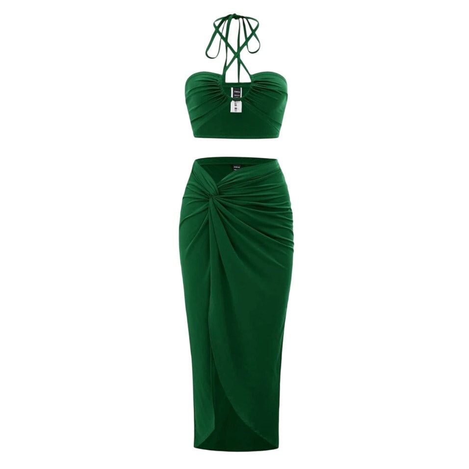 Shein Tie Back Halter Top & Twist Front Skirt in Green, Size S Size 27" / US 4 / IT 40 - 1 Thumbnail