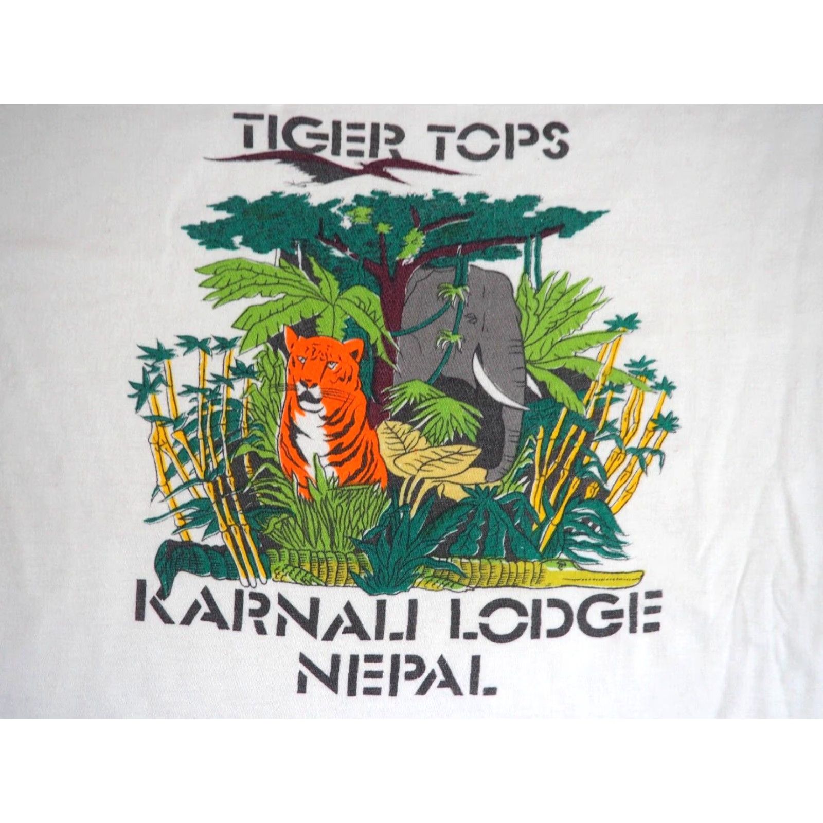 Vintage VTG 90s Karnali Lodge NEPAL Nature Tiger Art Travel White Tee T-Shirt L Men Short Sleeve Cotton Graphic Tee Shirt 1990s Han? Size US L / EU 52-54 / 3 - 3 Thumbnail