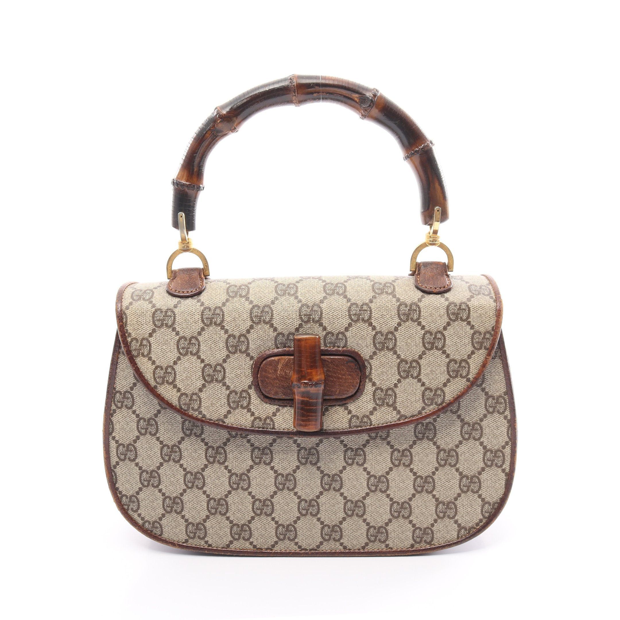image of Old Gucci Bamboo GG Plus Handbag Pvc Leather Beige Brown, Women's