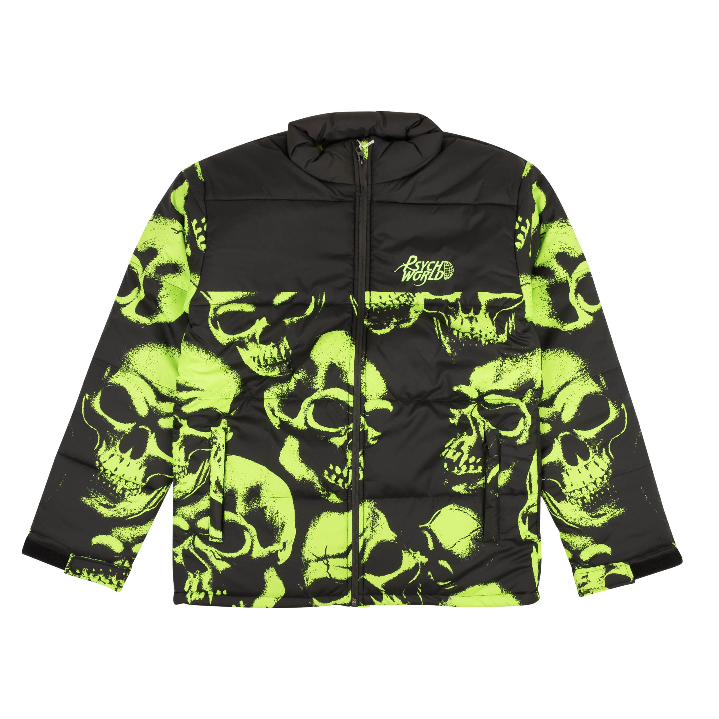image of Psychworld Black & Lime Green Skull Print Puffer Jacket Size S, Men's