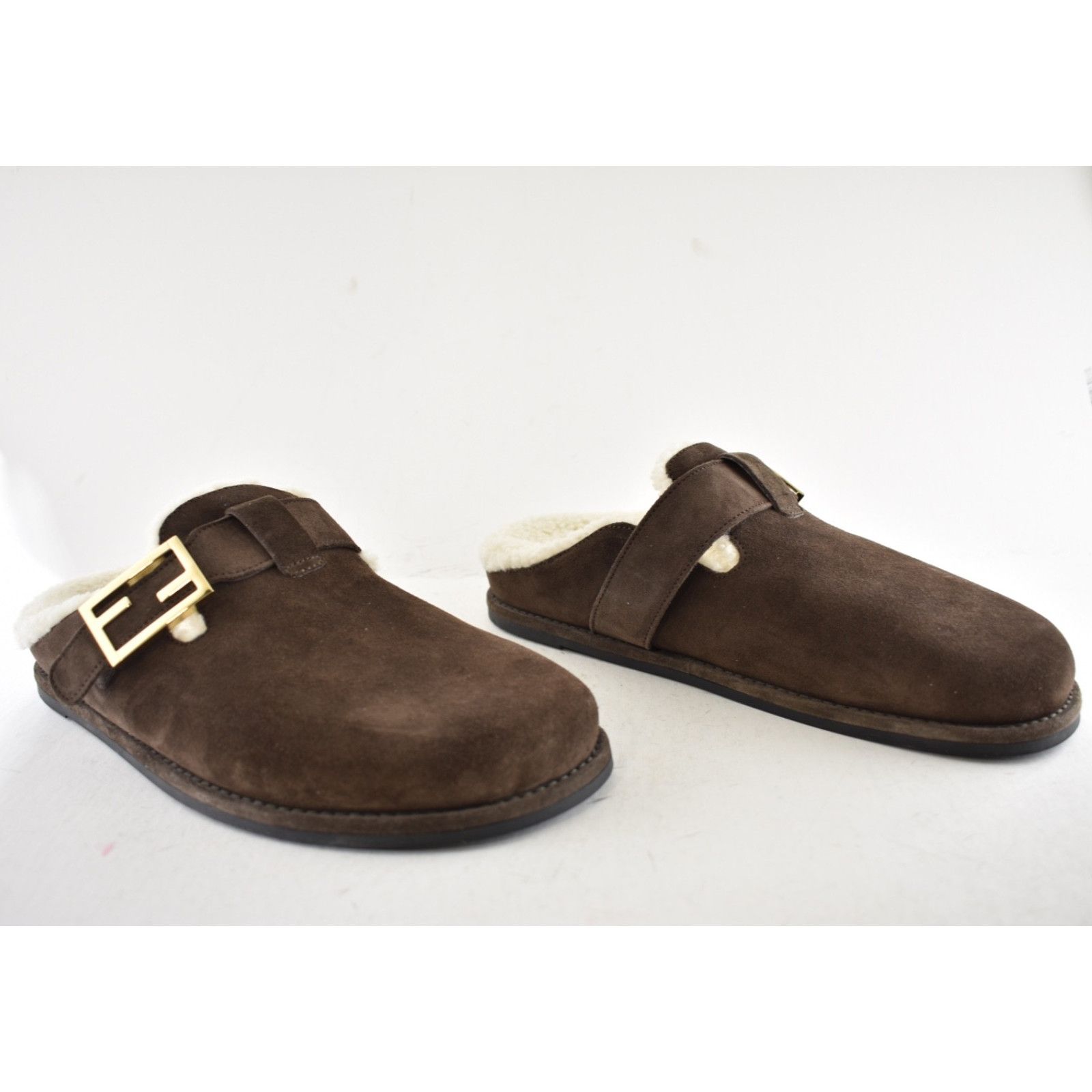 Fendi Fendi Feel Mules Brown Suede Shearling FF Gold Logo Slip On Size US 10.5 / IT 40.5 - 4 Thumbnail