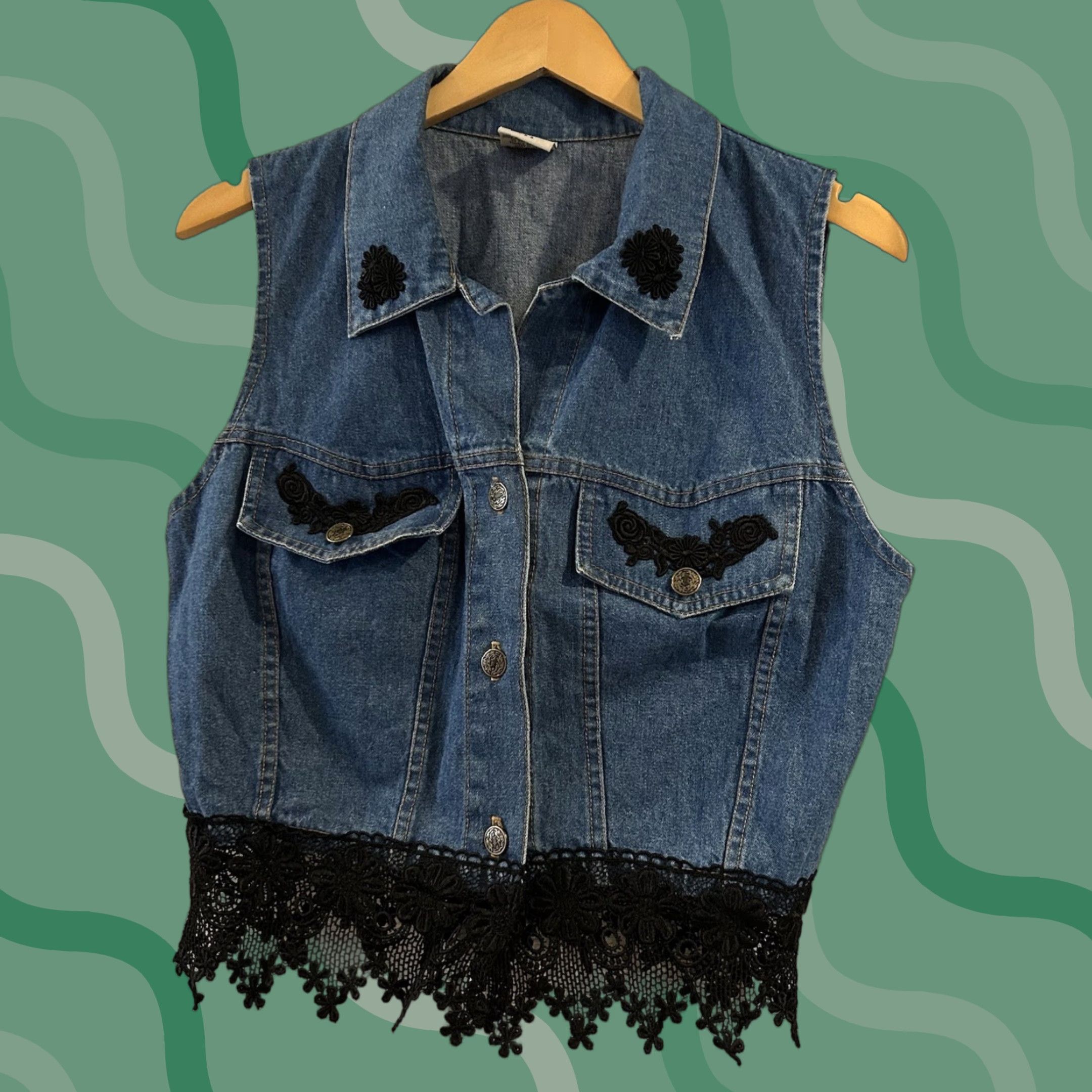 Vintage VINTAGE USIX Denim Vest Black Lace Size Medium USA Vest Denim M Black USA 90s Ladies Mens Size M / US 6-8 / IT 42-44 - 1 Thumbnail