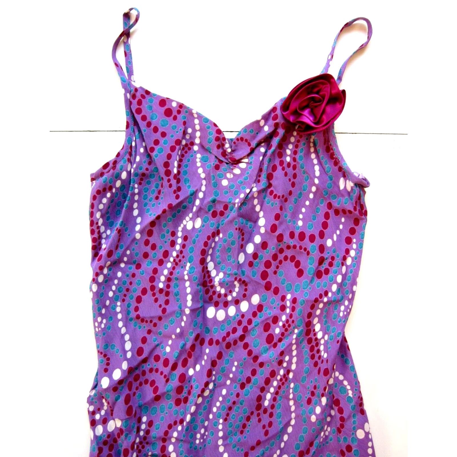 Vintage Angie 100% Rayon Purple Green White Polka Dot Midi Tank Slip Sun Dress Small Size S / US 4 / IT 40 - 4 Thumbnail