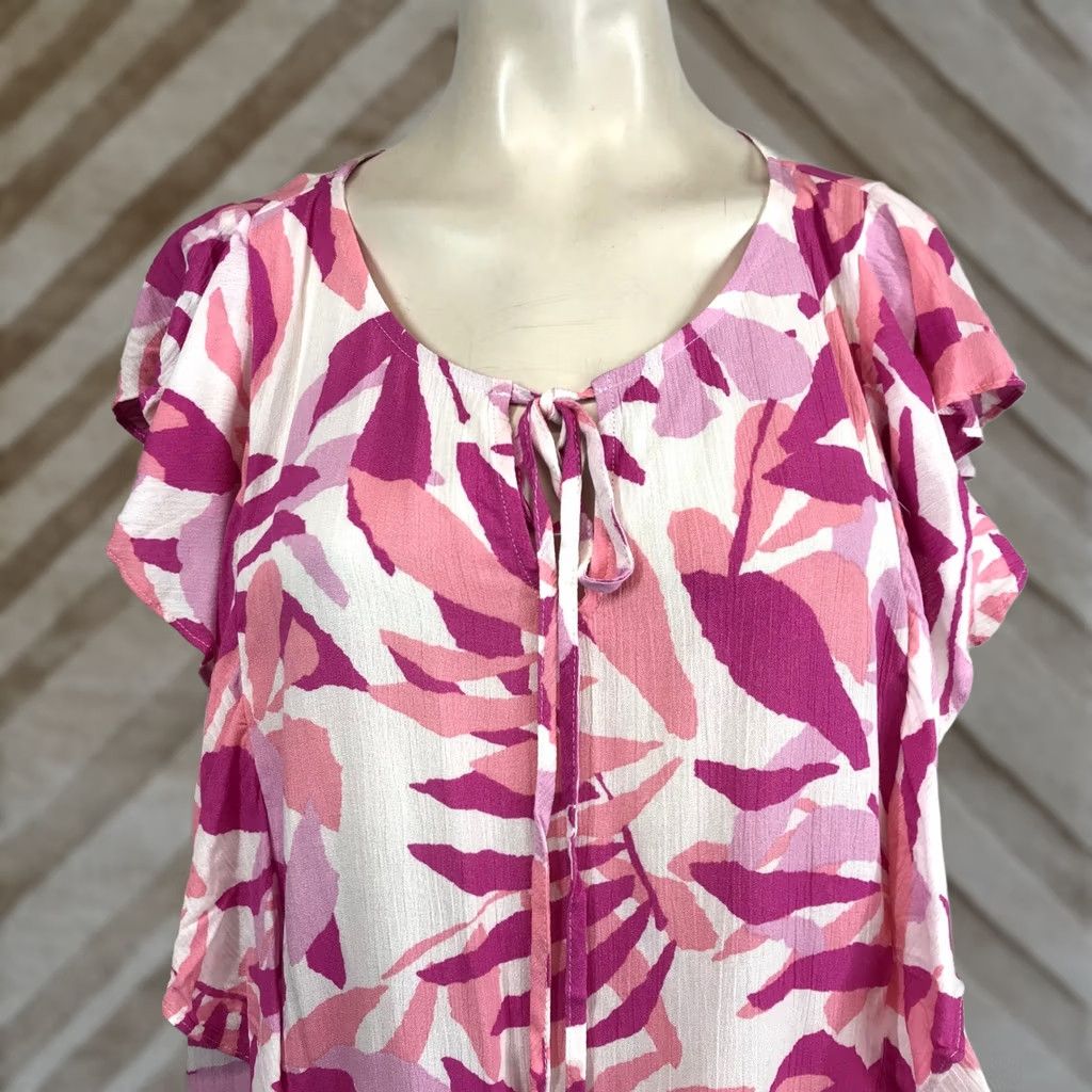 Vintage VINTAGE? No. Emily WONDER Women's 3X Pink White Floral Leaf Print Tunic Dress Ruffle Tie Neck Size XXL / US 16-18 / IT 52-54 - 1 Thumbnail