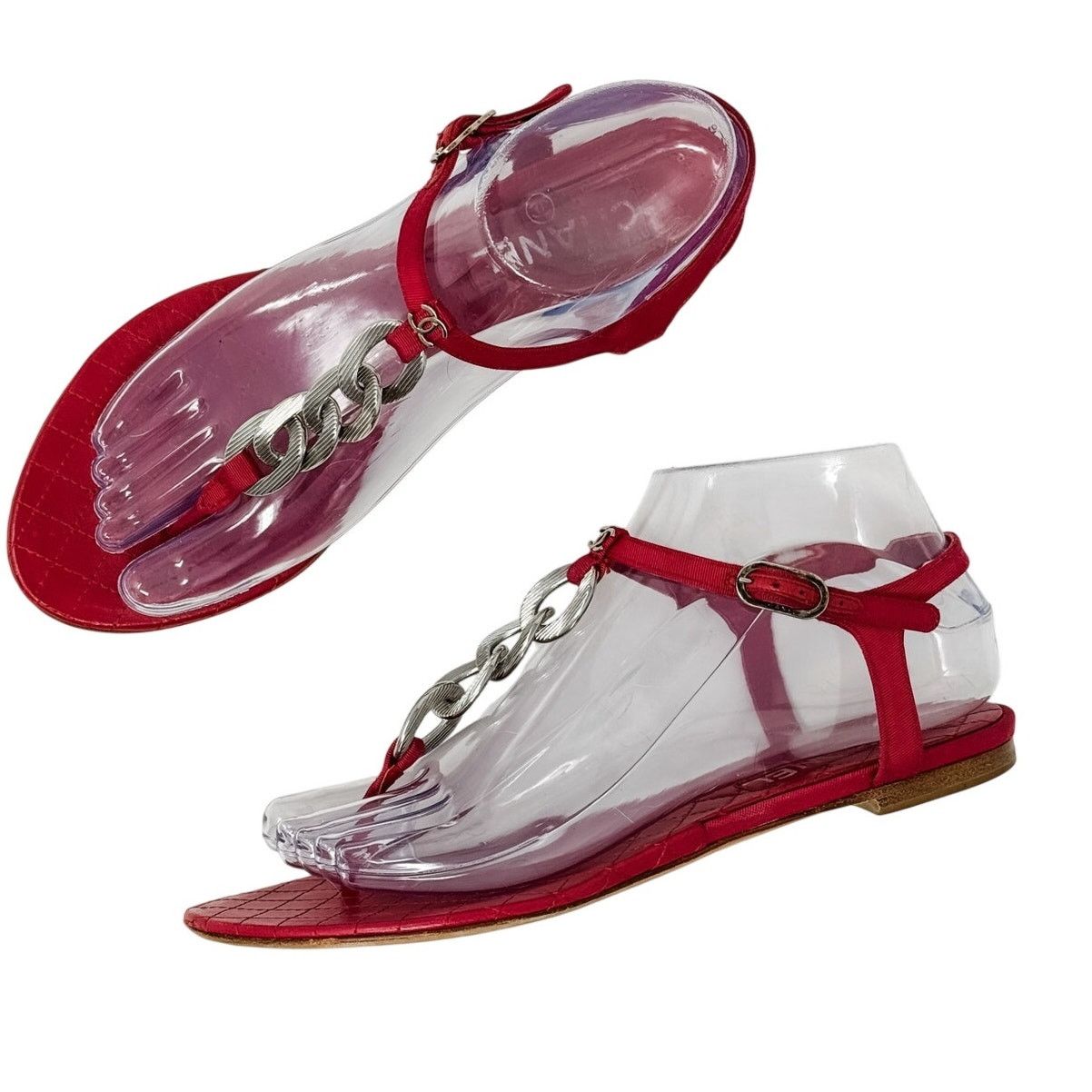 Chanel Chanel Red Silver Chain T Strap CC Logo Flat Sandals sz 37.5 Size US 7.5 / IT 37.5 - 17 Thumbnail