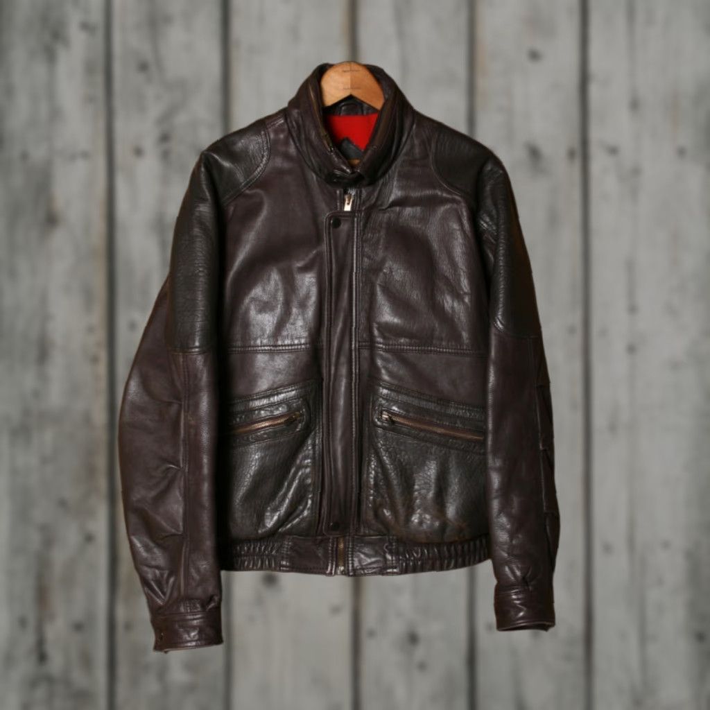 Vintage VINTAGE BERMAN'S Brown Leather Red Plaid Lined Cafe Racer Bomber Jacket Sz. 40 Jacket Men Size US XXS / EU 40 - 1 Thumbnail