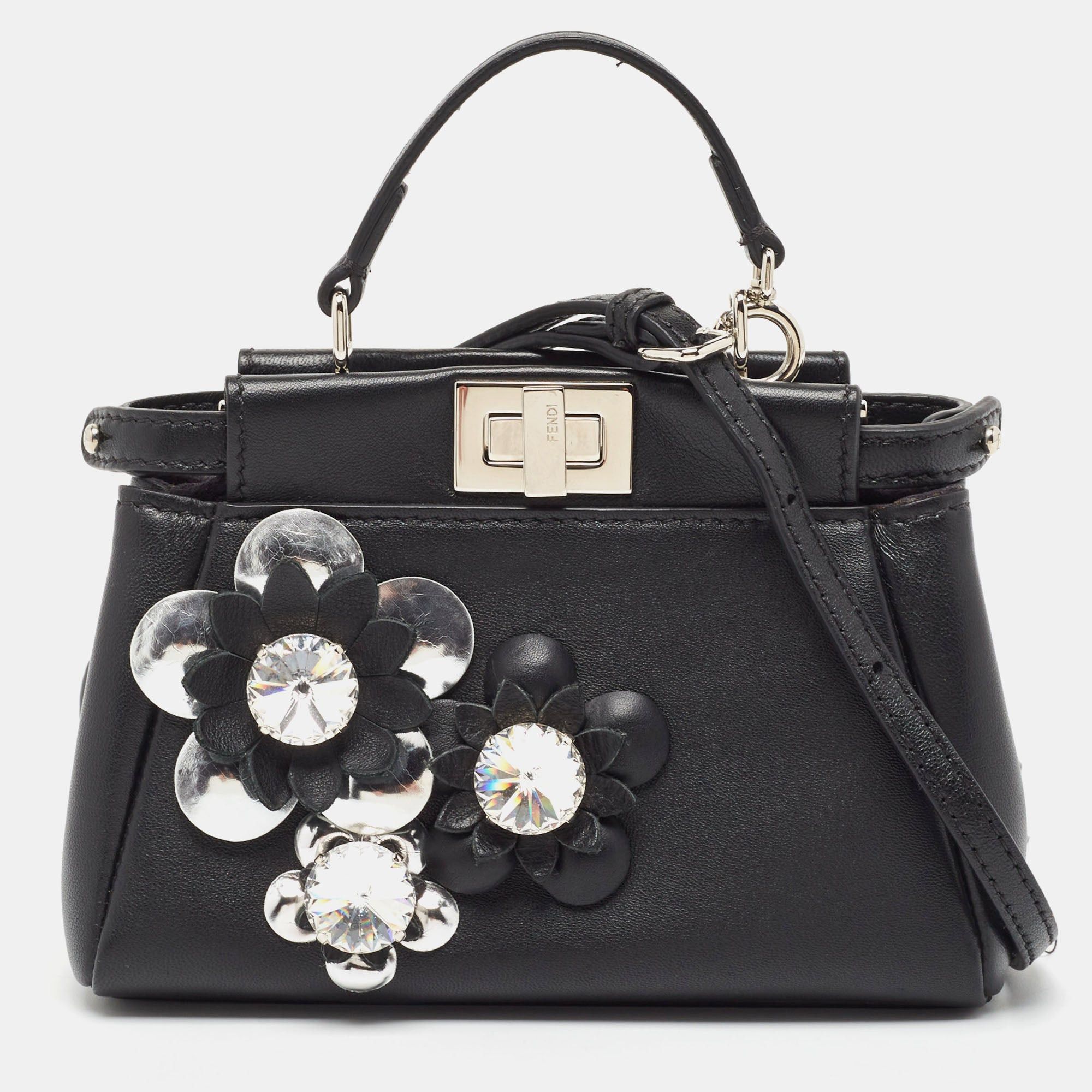 image of Fendi Black Leather Micro Crystal Embellished Peekaboo Crossbody Bag, Women's