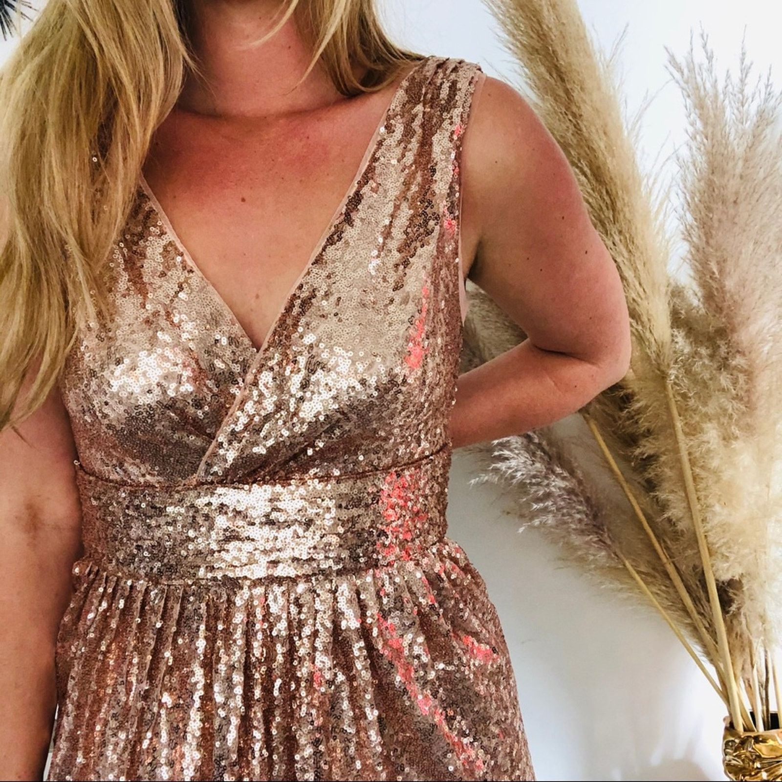 Nordstrom NEW KATE KASIN Pink Rose Gold Sequin Sparkle Maxi Gown Dress Size L / US 10 / IT 46 - 9 Thumbnail