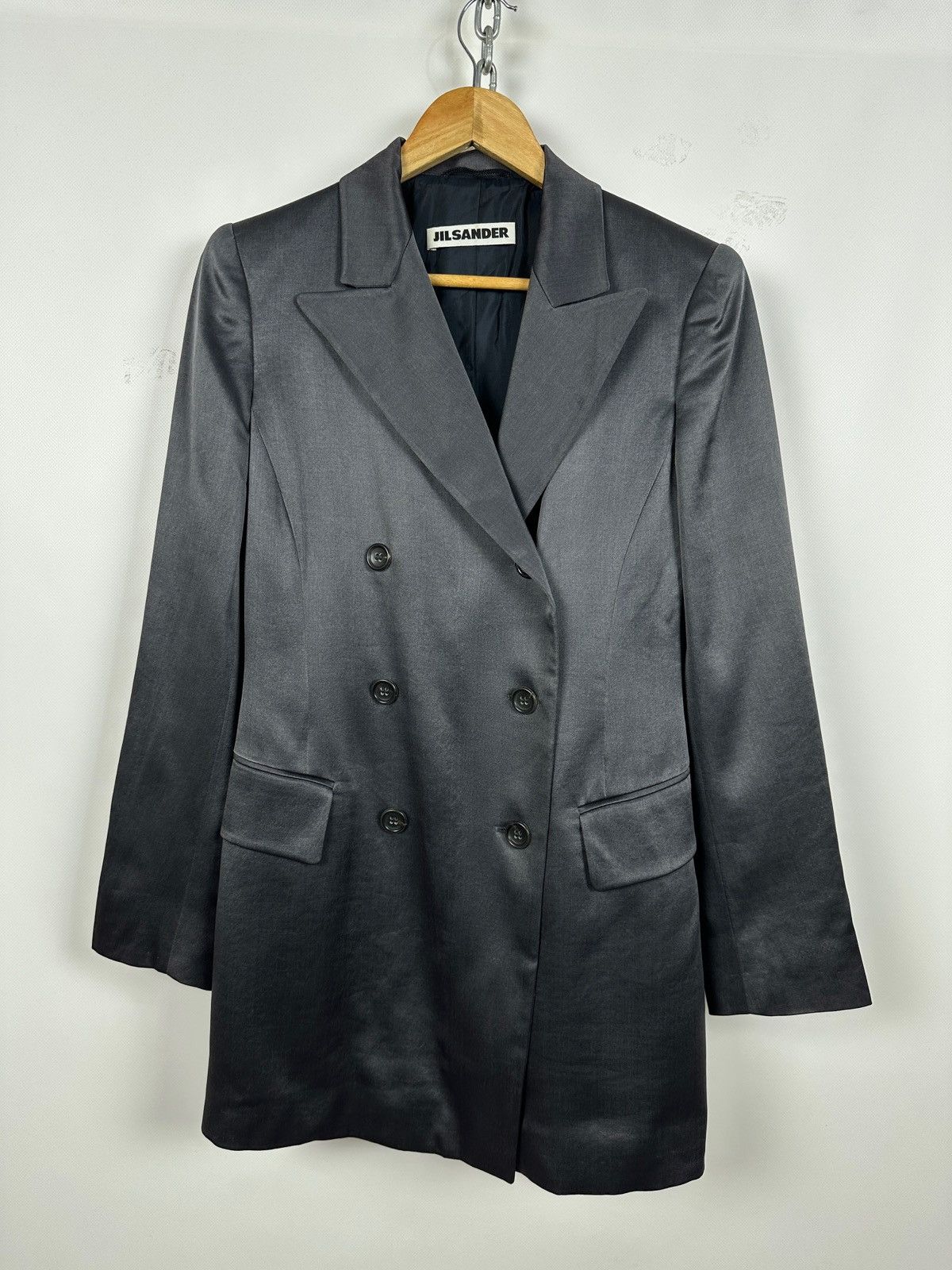 Jil Sander 90-00s Vintage Jil Sander Gray Silk Double Breasted Blazer Size XS / US 0-2 / IT 36-38 - 1 Thumbnail