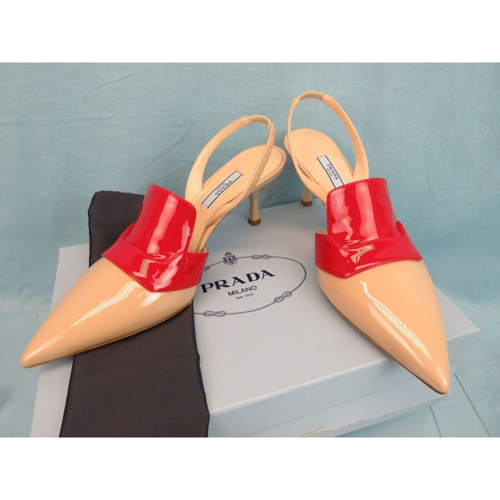 Prada 1I270L BEIGE RED PATENT LEATHER POINTED TOE MULES PUMPS 39 Size US 9 / IT 39 - 8 Thumbnail