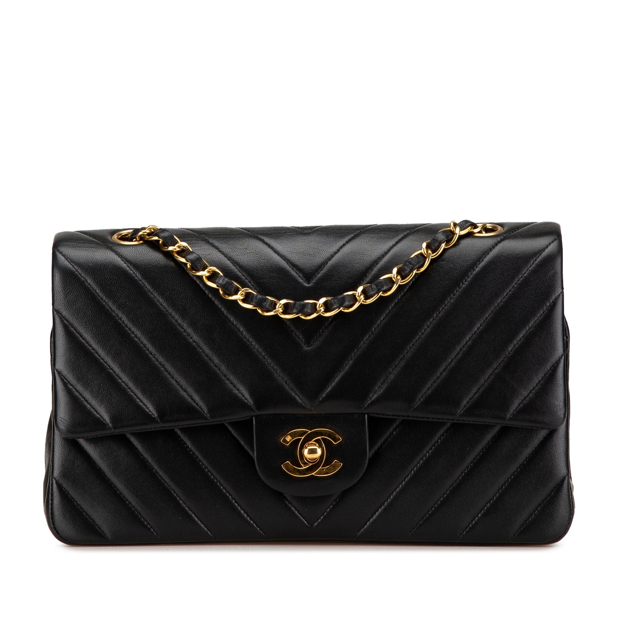 Chanel Small Classic Chevron Lambskin Double Flap in Black, Women's