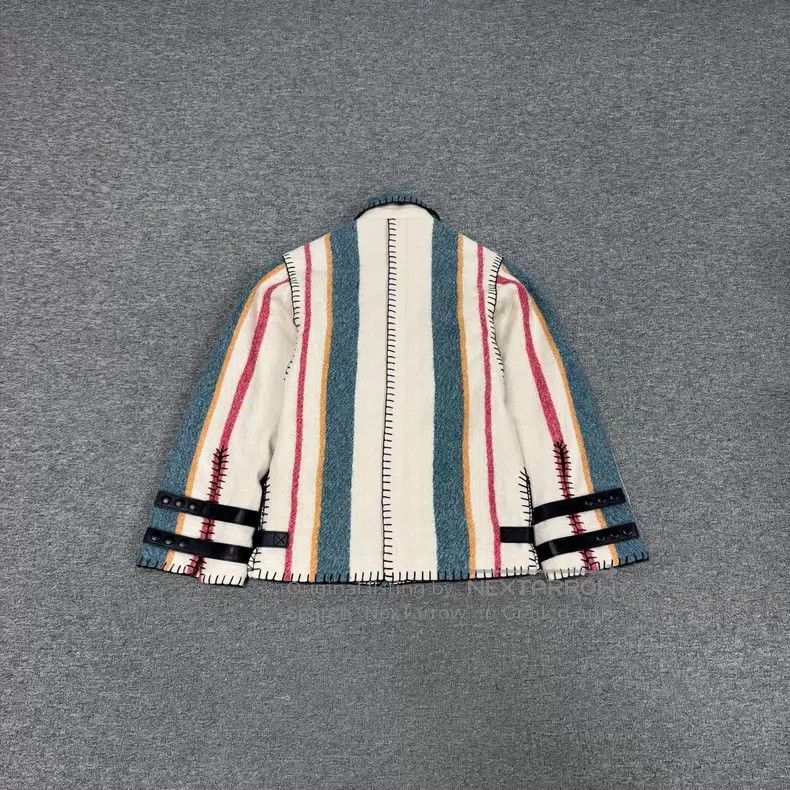 Loewe Loewe Ivory Striped Leather Pocket Collar Wool Shirt Jacke Size 4XL / US 24-26 - 2 Thumbnail