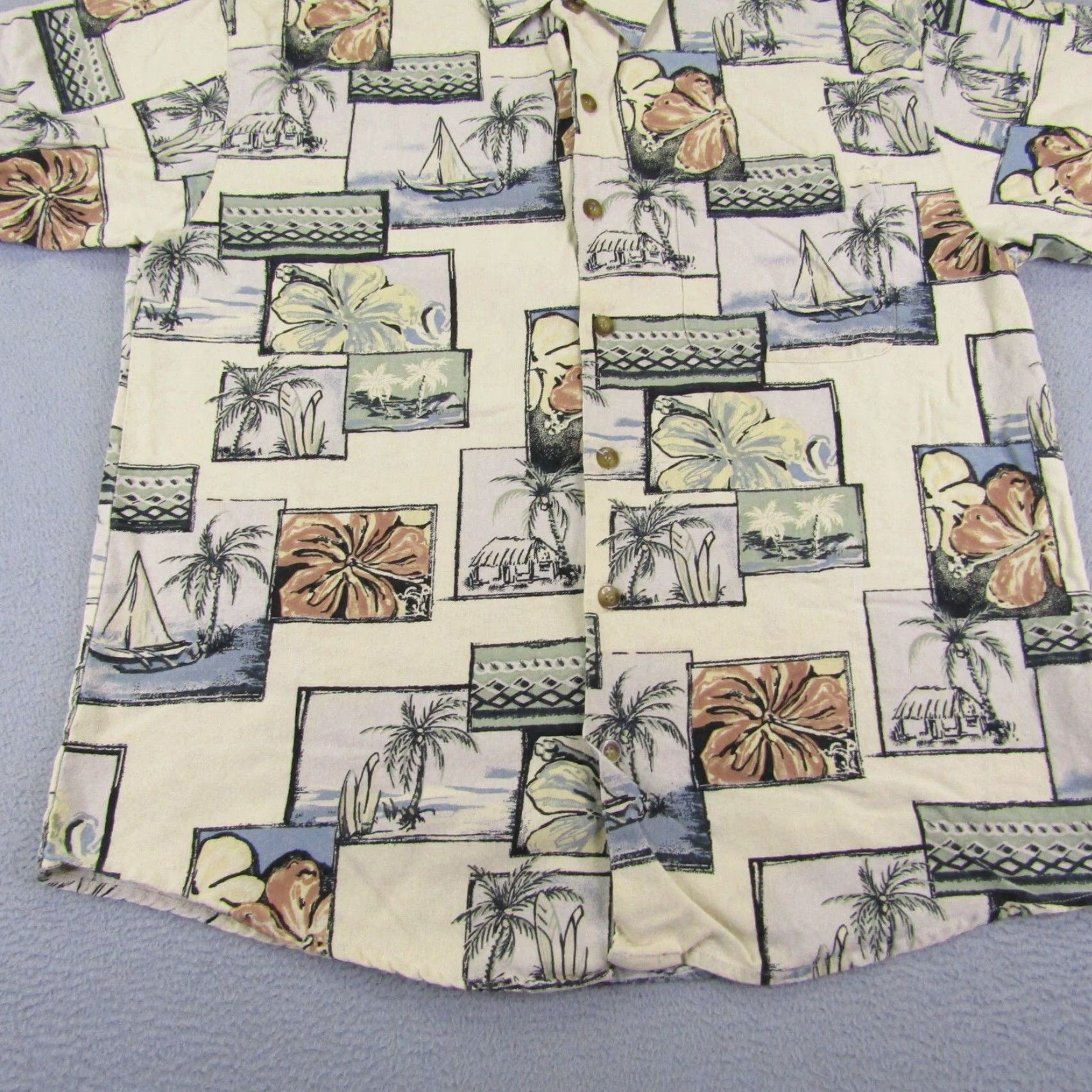 Hilo Hattie Hilo Hattie Shirt Mens Medium Beige Hawaiian Button Camp Aloha Sail Boats Palms Size US M / EU 48-50 / 2 - 3 Thumbnail