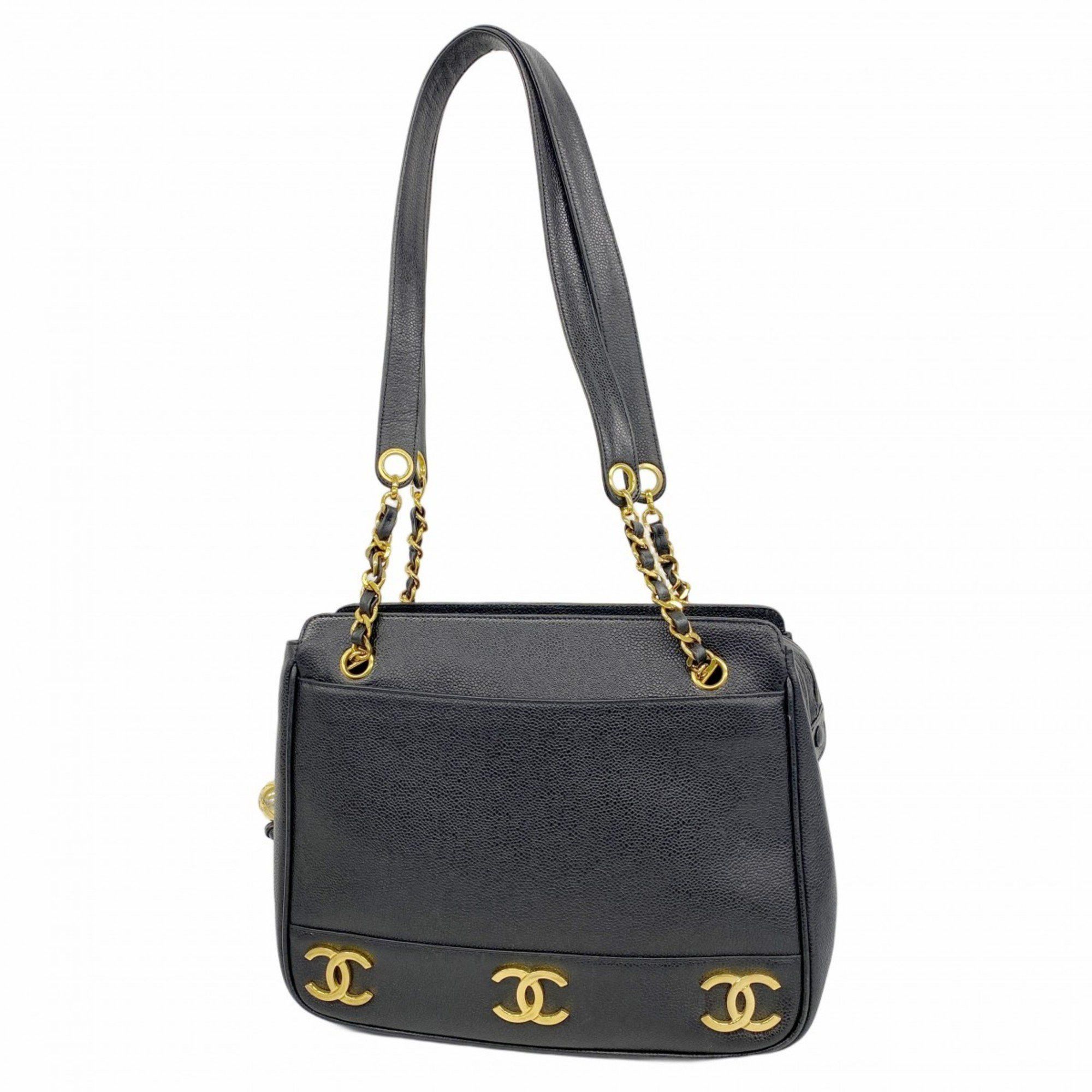 Chanel Shoulder Bag Triple Coco Chain Caviar Skin Black Women's