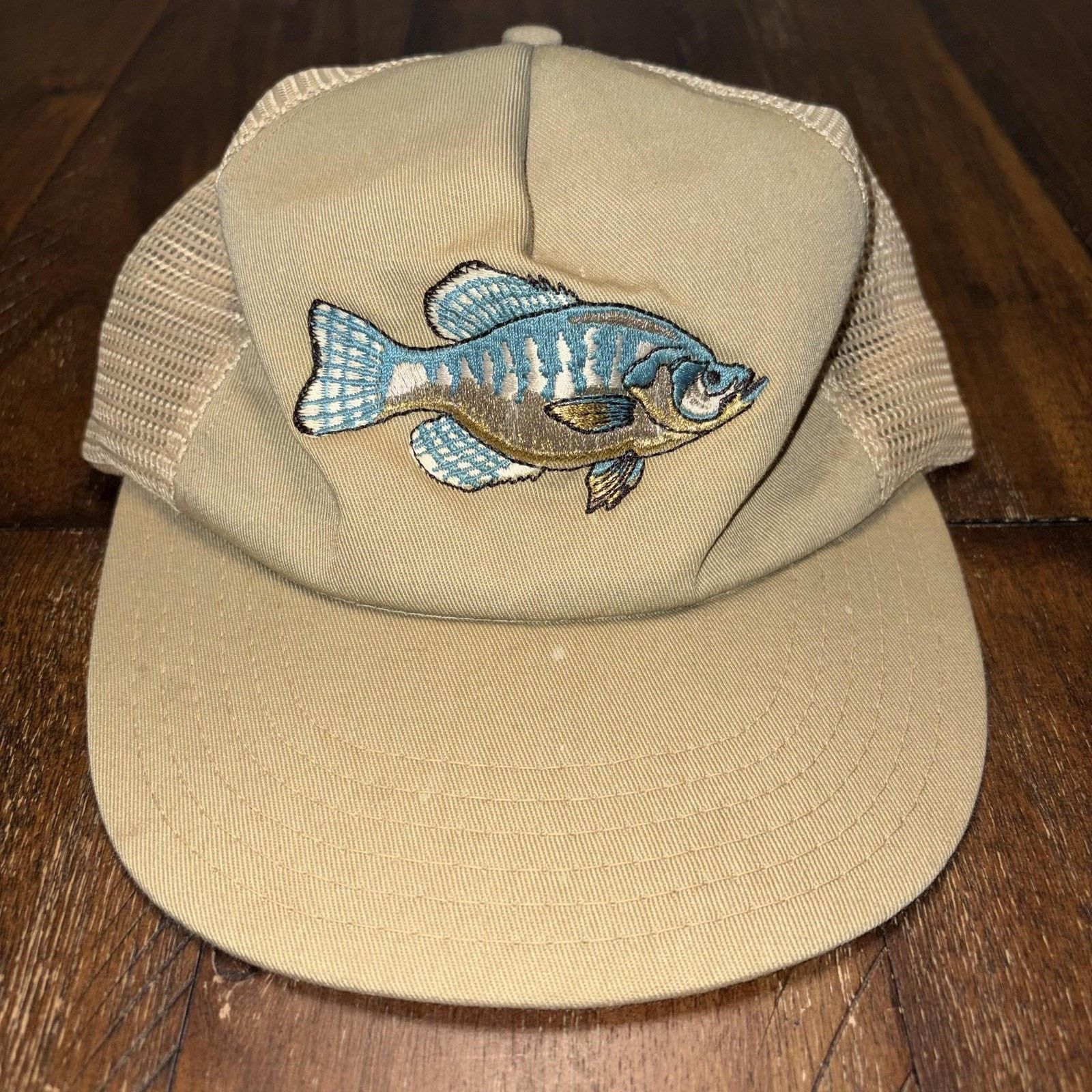 Vintage Vtg Fish Hat Cap Snap Back Beige Mesh Trucker 80s Fishing Size ONE SIZE - 2 Thumbnail