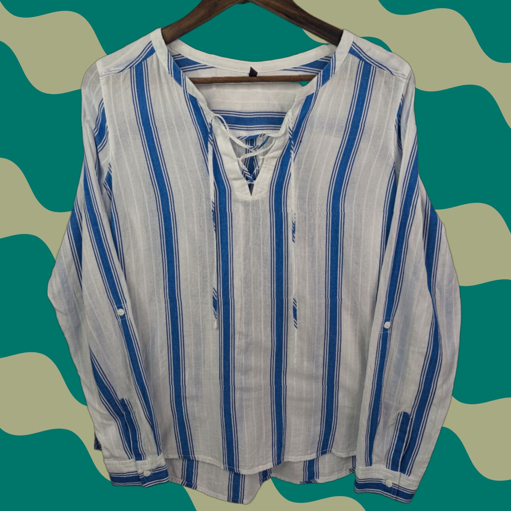 NYDJ NYDJ White Blue Vertical Stripe V-neck Tie Neck Blouse Roll-Up Sleeve Size M Womens Shirt Blouse 100% Cotton Blue Stripe Size M / US 6-8 / IT 42-44 - 1 Thumbnail