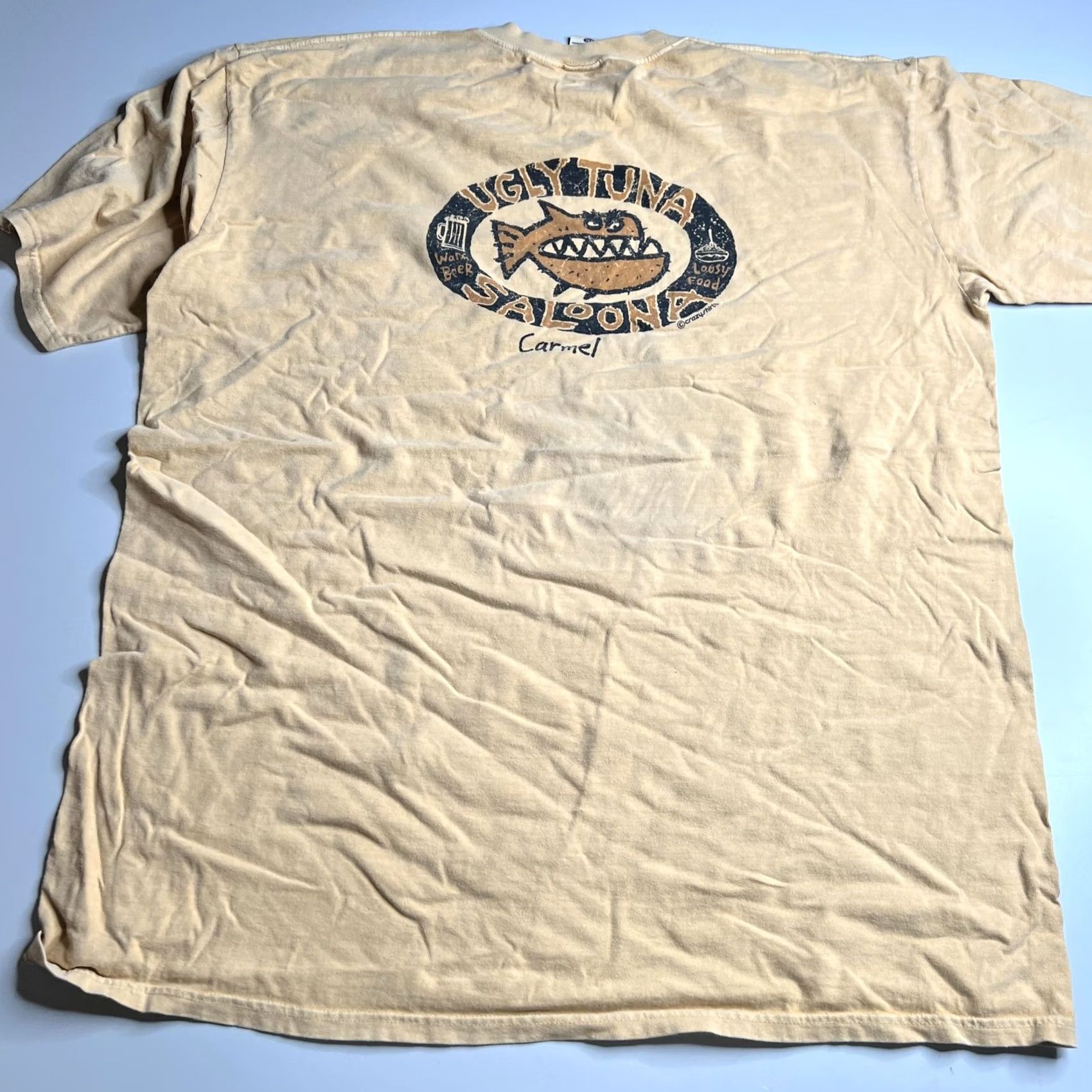Vintage VINTAGE Crazy Shirts Shirt Mens 2XL Beige Ugly Tuna Saloona Carmel Beer Fish Graphic Tee Size US XXL / EU 58 / 5 - 6 Thumbnail