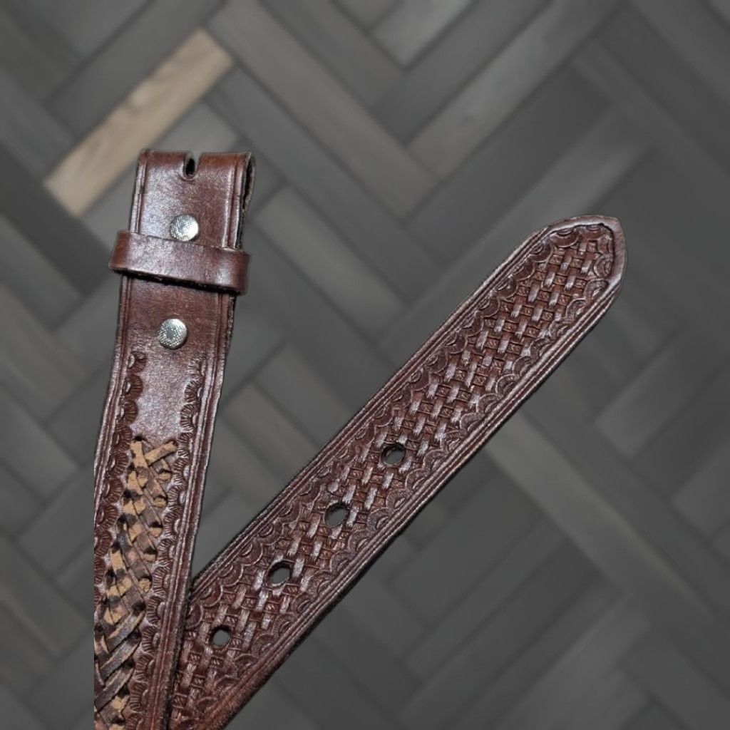 Vintage VINTAGE Western Belt Handcrafted Tooled Braided Brown Cowhide Leather 38 Belt Mens 1-1/2" Width 1980's Buckle Size 38 - 1 Thumbnail