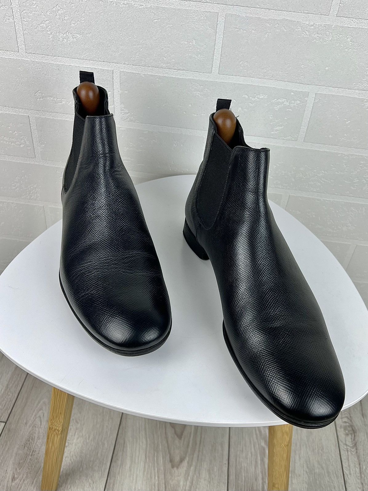 Prada Milano Boots Leather Saffiano Chelsea Shoes Black Mens (Size 11.5)