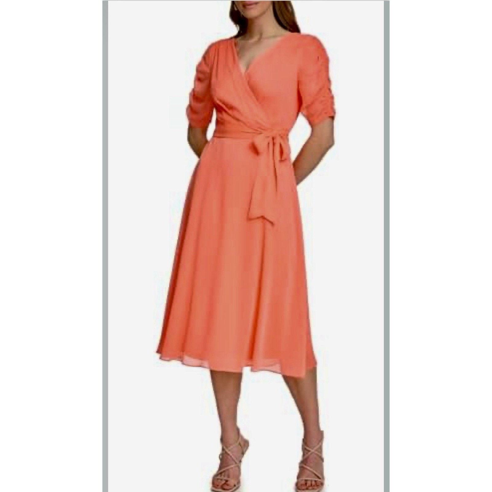 DKNY DKNY Women's Coral Wrap Dress with Ruched Sleeves Size 4 Size S / US 4 / IT 40 - 4 Thumbnail