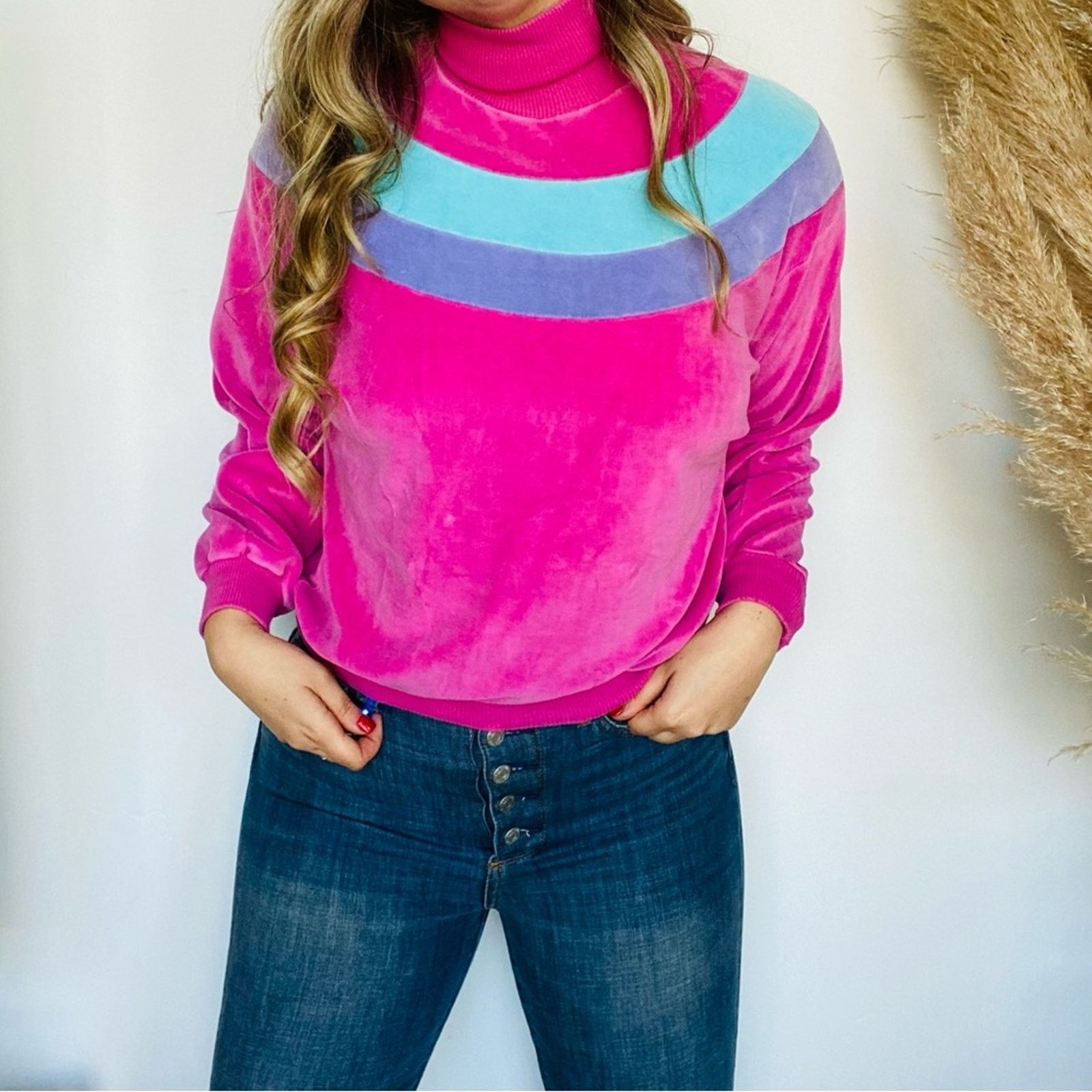Vintage VINTAGE Fuchsia Stripe Velvet Turtleneck Pullover Sweater Size S / US 4 / IT 40 - 9 Thumbnail