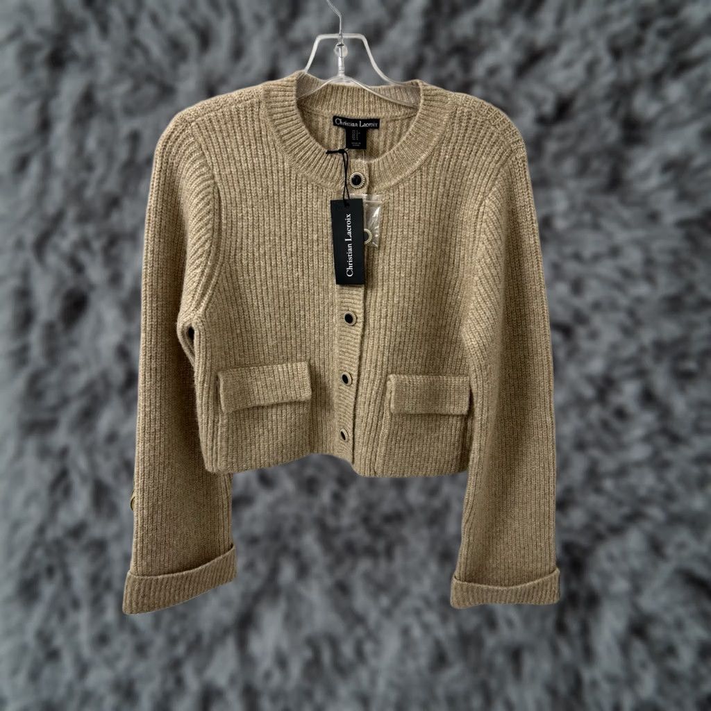 Christian Lacroix Christian Lacroix Cardigan Sweater Womens Small Tan Wool Ribbed Knit Cropped NWT Size S / US 4 / IT 40 - 1 Thumbnail