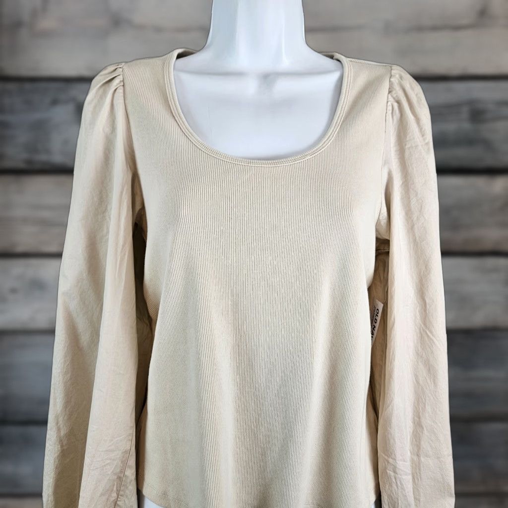 Old Navy Old Navy Womens Long Sleeve Top Sz Large Beige Ribbed Cotton Blend Scoop Neck Size L / US 10 / IT 46 - 1 Thumbnail