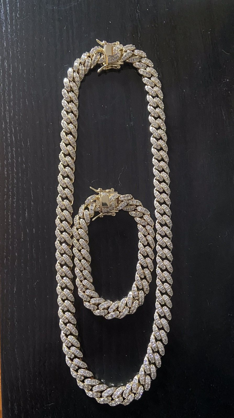 image of Gold Chain Icy Diamond Miami Cuban Link And Matching Bracelet Set in Gold, Men's