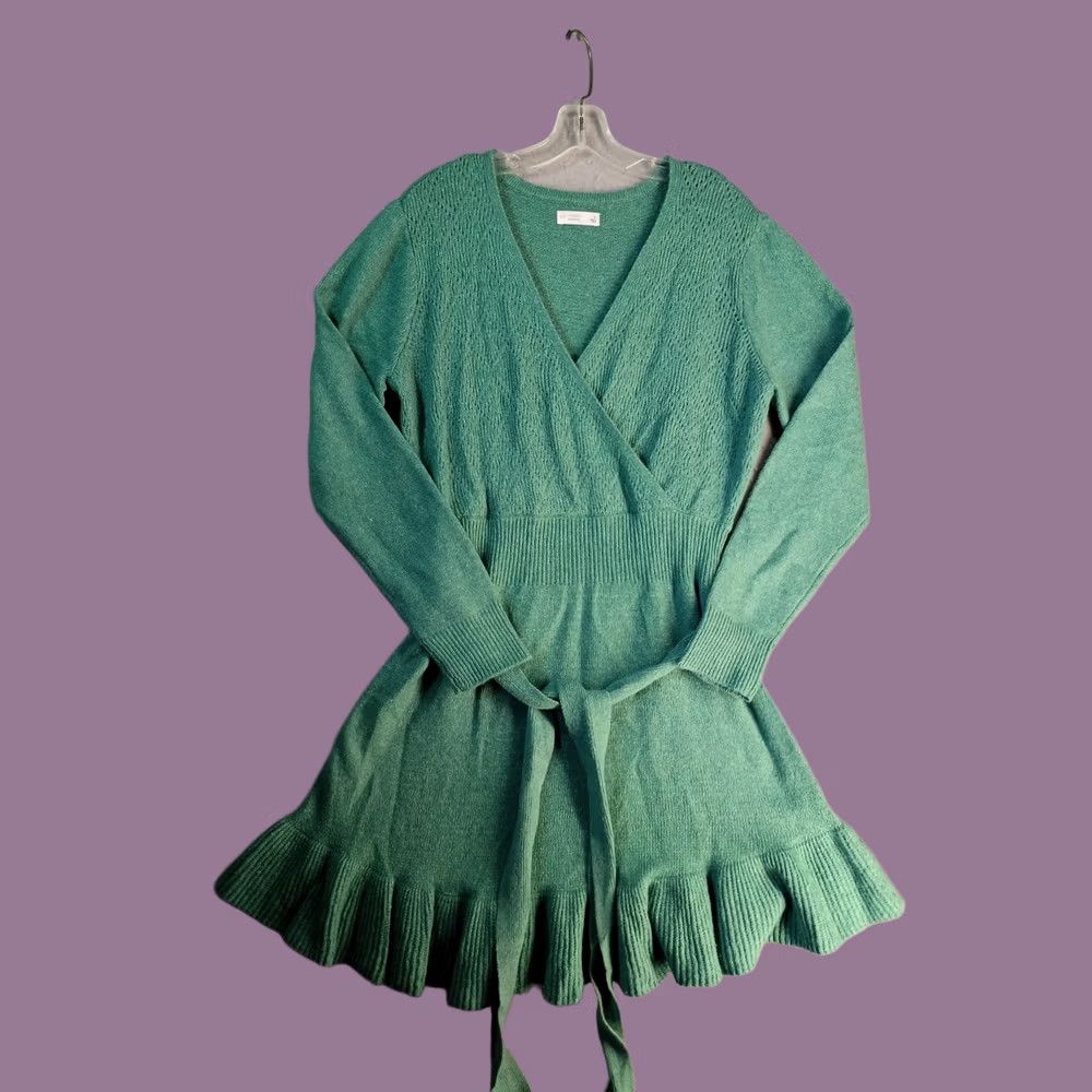 lauren conrad green dress Vintage LC Large Pointelle Faux Wrap Ruffle Mini Womens Size_48R