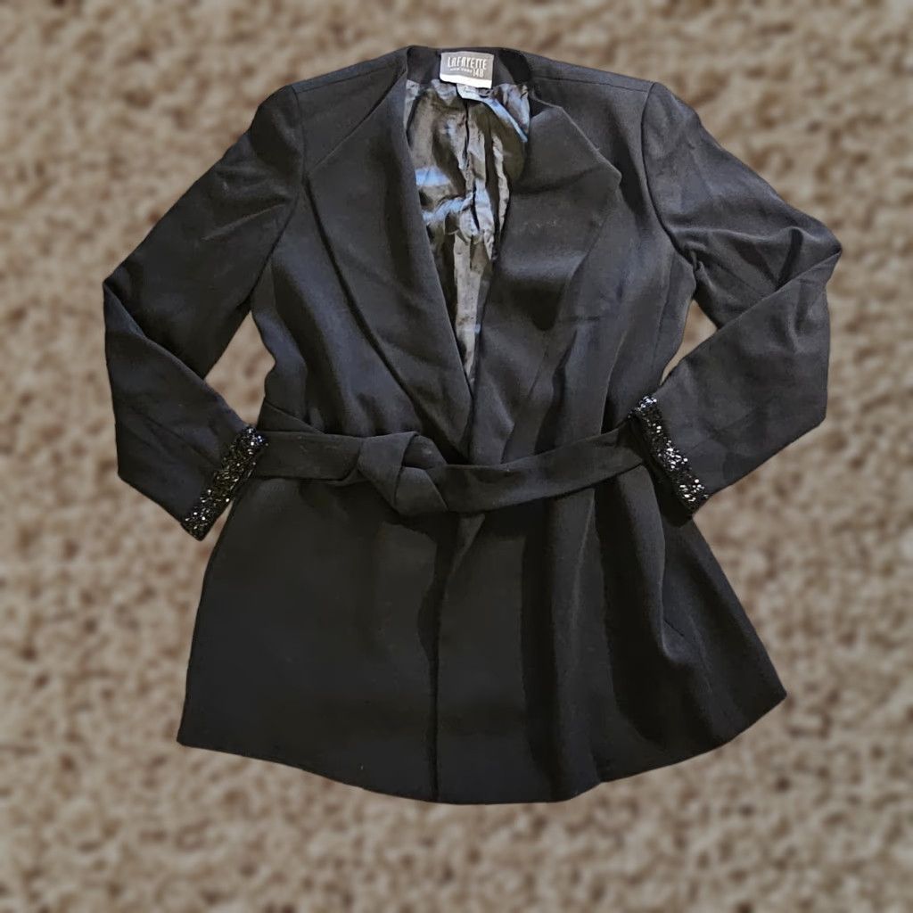 Vintage Lafayette 148 Jacket Womens 10 Black Wool Open Belted Long Sleeve Career Classic Menus sharp? Size L / US 10 / IT 46 - 1 Thumbnail
