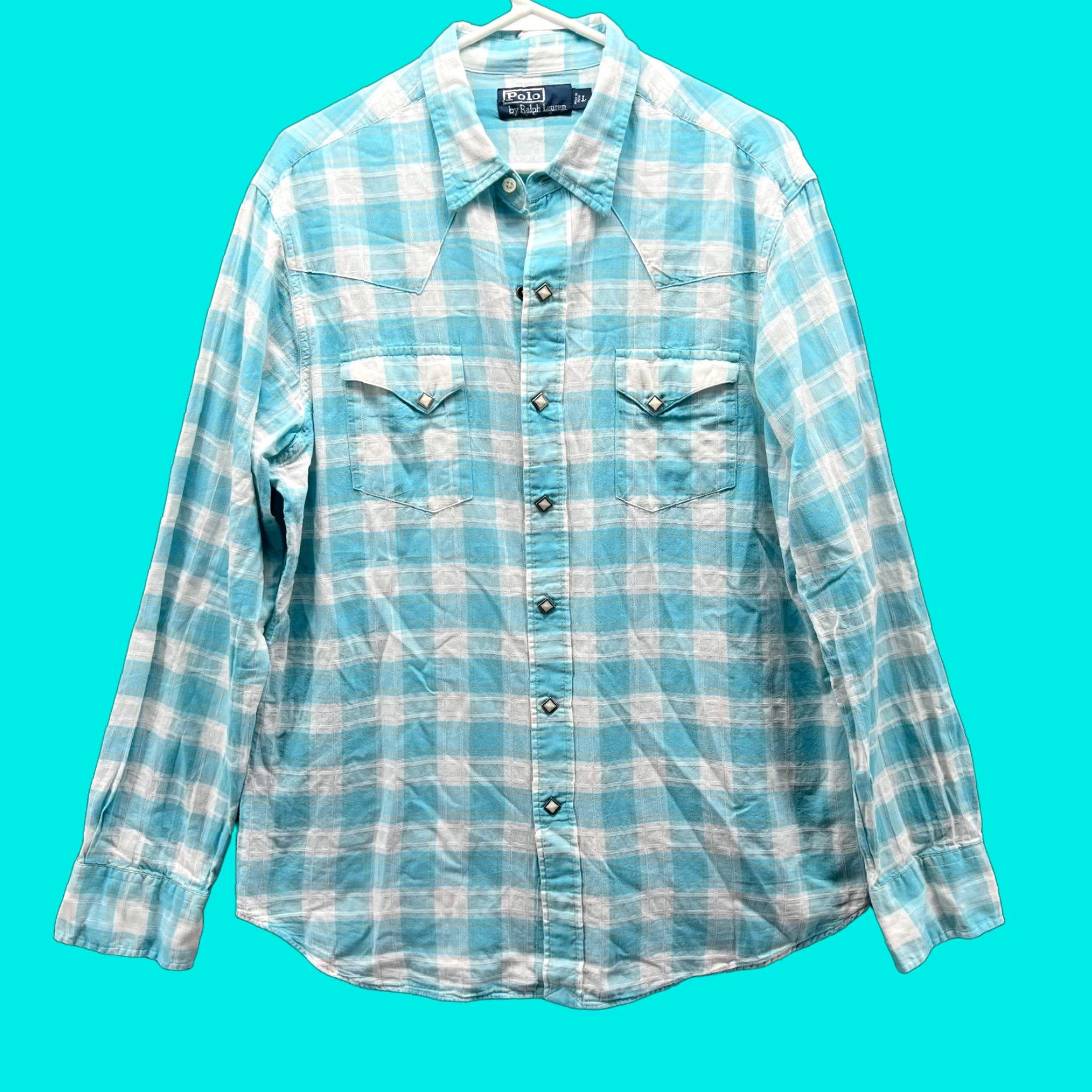 Polo Ralph Lauren VINTAGE Polo Ralph Lauren Shirt Mens Large Blue Pearl Snap Check Western Cowboy Linen Size US L / EU 52-54 / 3 - 1 Thumbnail