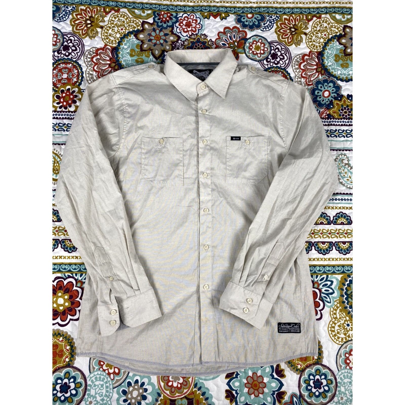 Sovereign Code Soverign Code Military Mens Button-Up Long Sleeve Shirt XL Ivory Dress Shirt Size XL Tan Color Size 46R - 2 Thumbnail