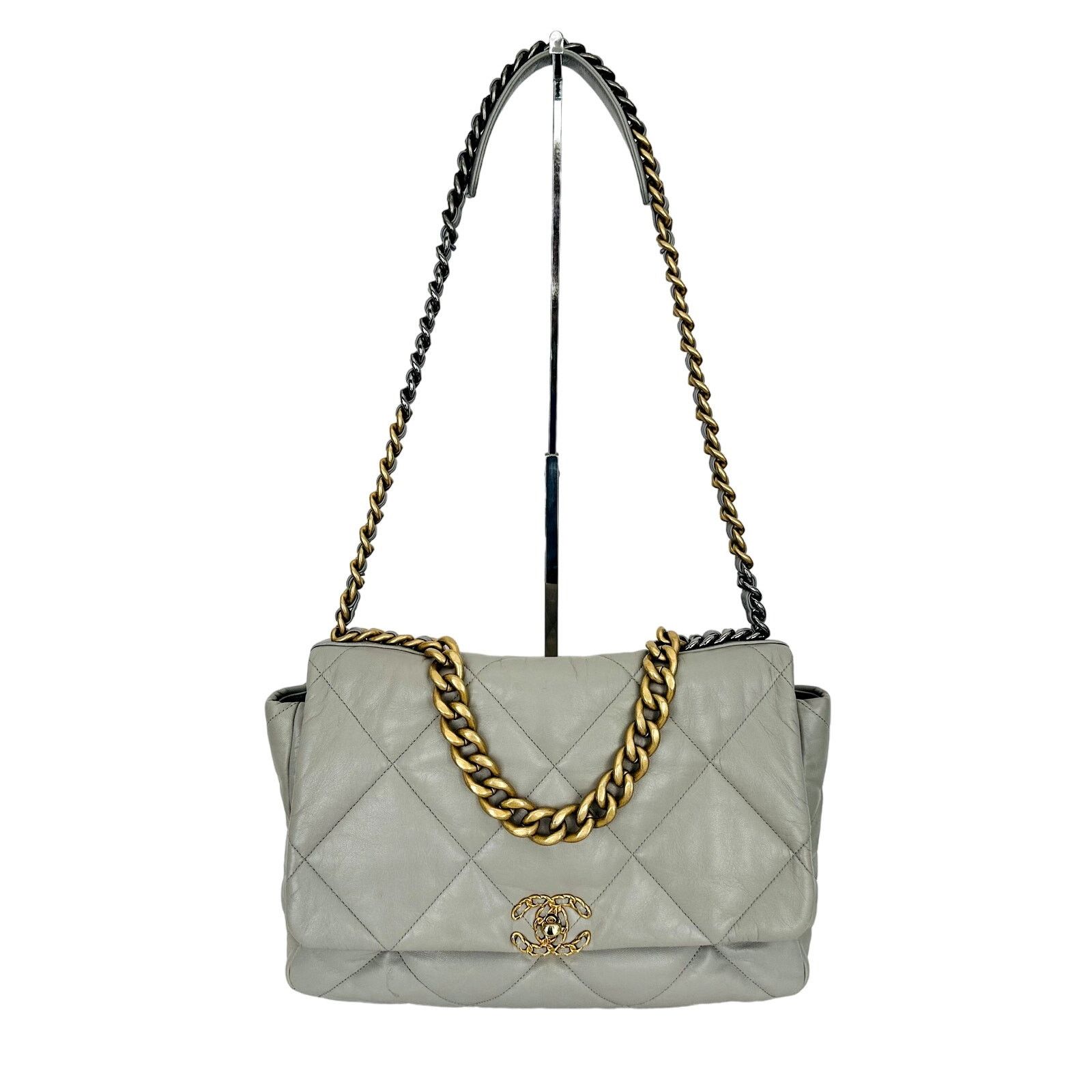 Chanel 19 Goatskin Quilted Medium Flap Purse Grey Tri-Color