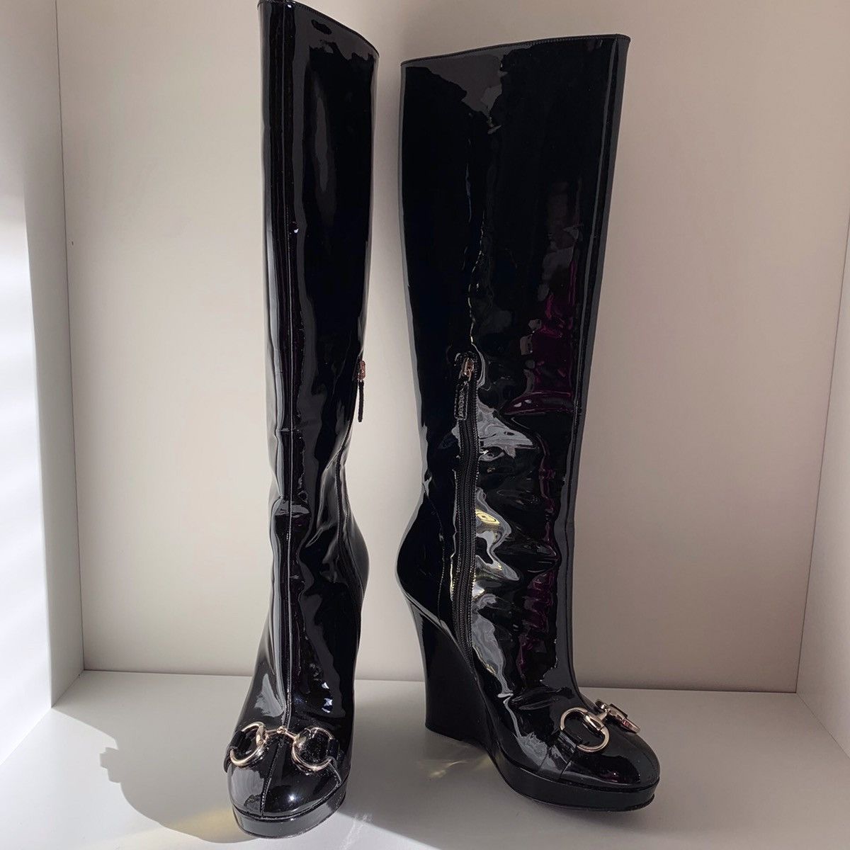 Gucci Patent leather horsebit wedge tall boots Size US 5.5 / IT 35.5 - 15 Thumbnail