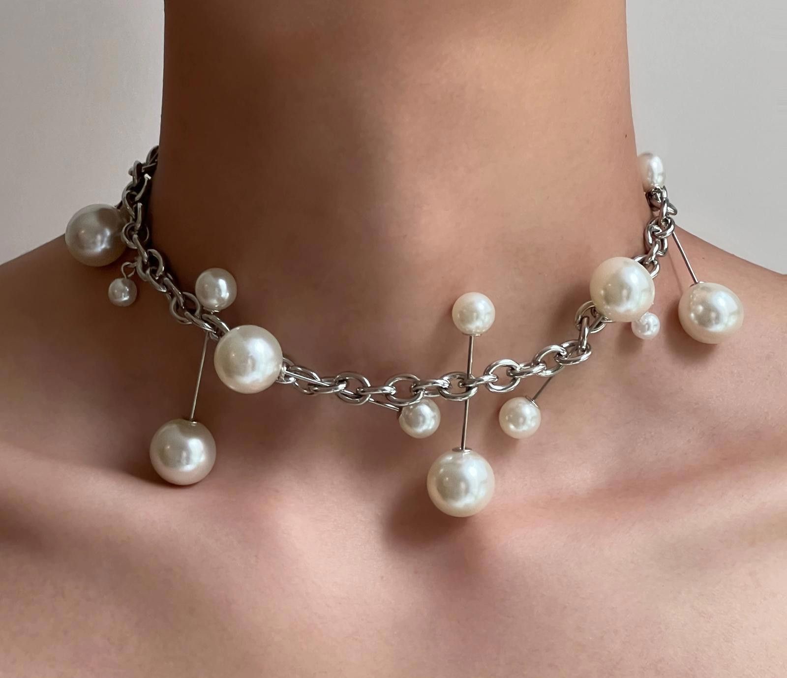 Jewelry Silver Chain Pearl Accent Choker Necklace, Statement Jewelry Size ONE SIZE - 2 Thumbnail