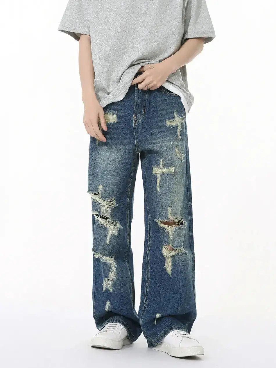 Japanese Brand Retro wide leg loose ripped jeans Size US 32 / EU 48 - 1 Thumbnail