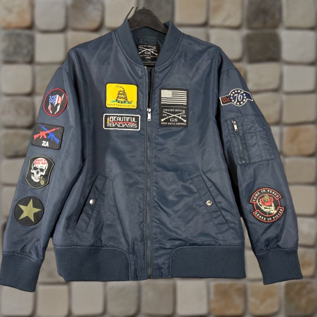 Vintage Grunt Style Bomber Jacket Women L Navy Full Zip Lined Patches Size L / US 10 / IT 46 - 1 Thumbnail