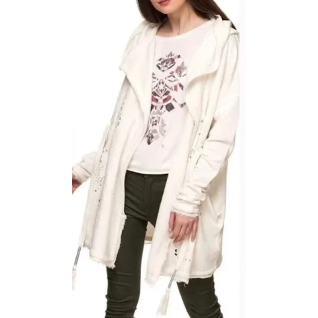 Free People Free People Ivory French Terry Relaxed Hooded Wrap Cardigan Size XS / US 0-2 / IT 36-38 - 19 Thumbnail