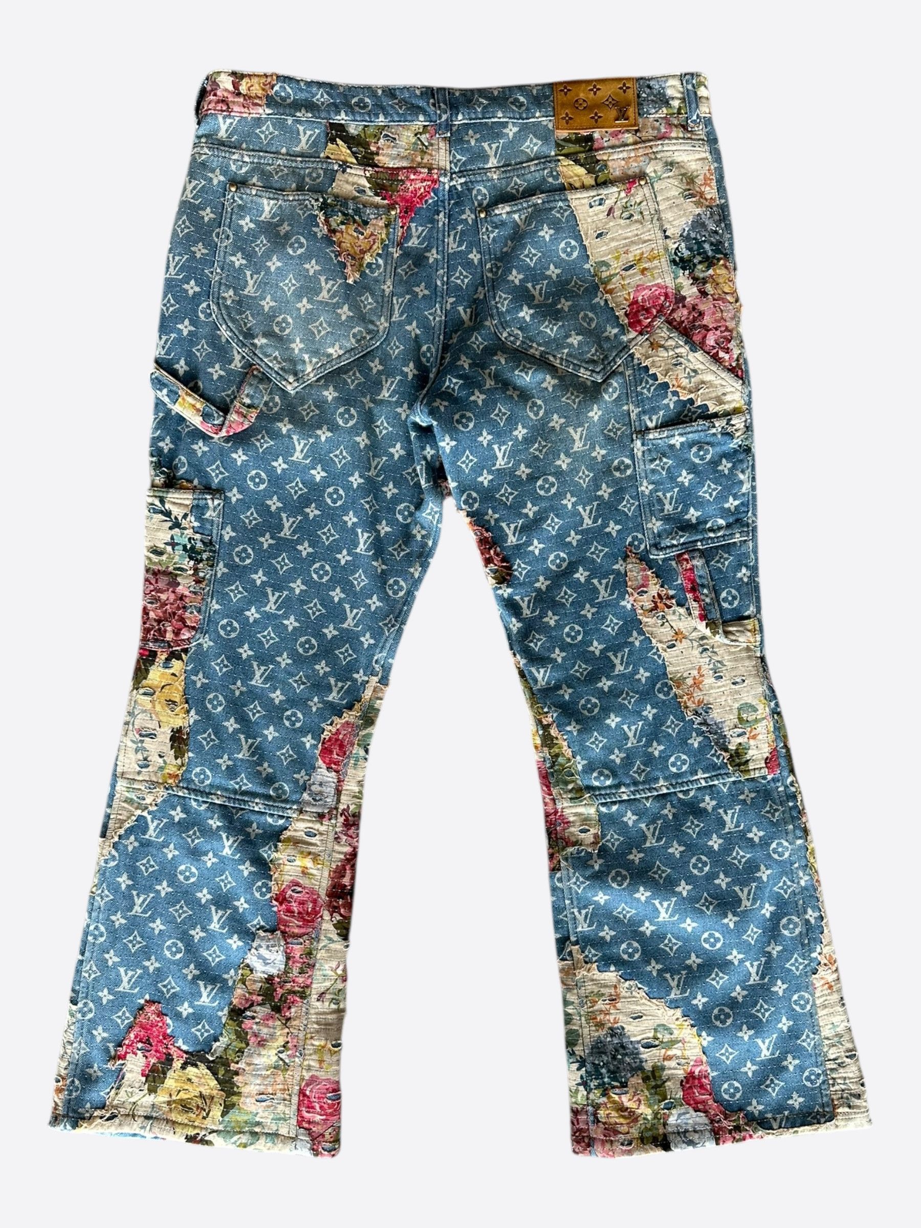 Louis Vuitton Blue Distressed Floral Monogram Flared Carpenter Jeans Size US 38 / EU 54 - 2 Thumbnail