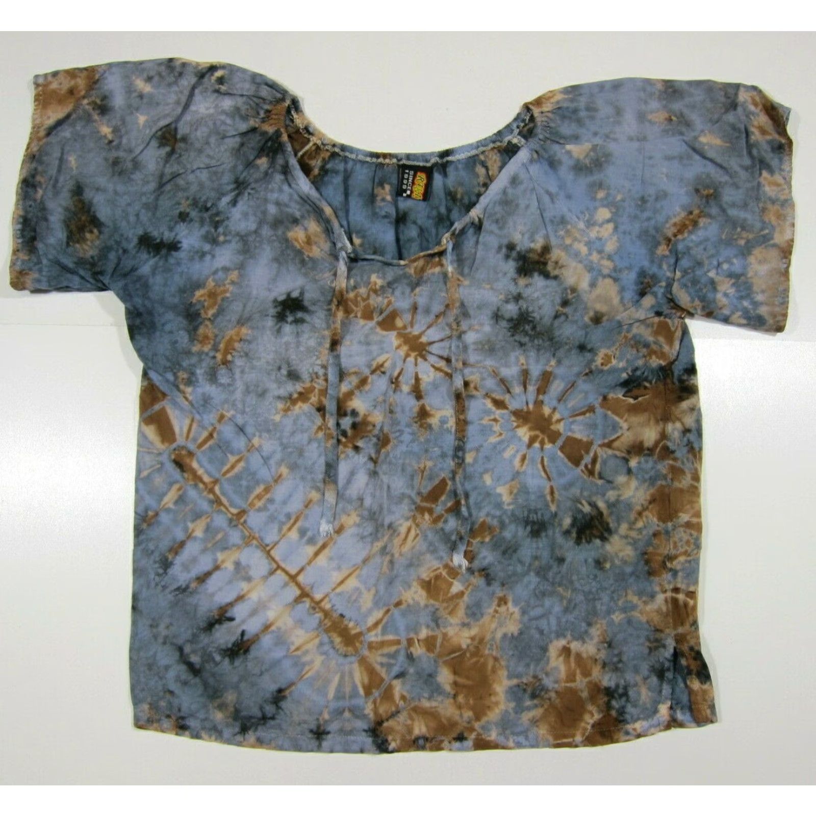 Vintage RUAY Shop 100% Rayon Blue Brown Tie Dye Tunic Blouse Shirt Women Medium Size M / US 6-8 / IT 42-44 - 2 Thumbnail