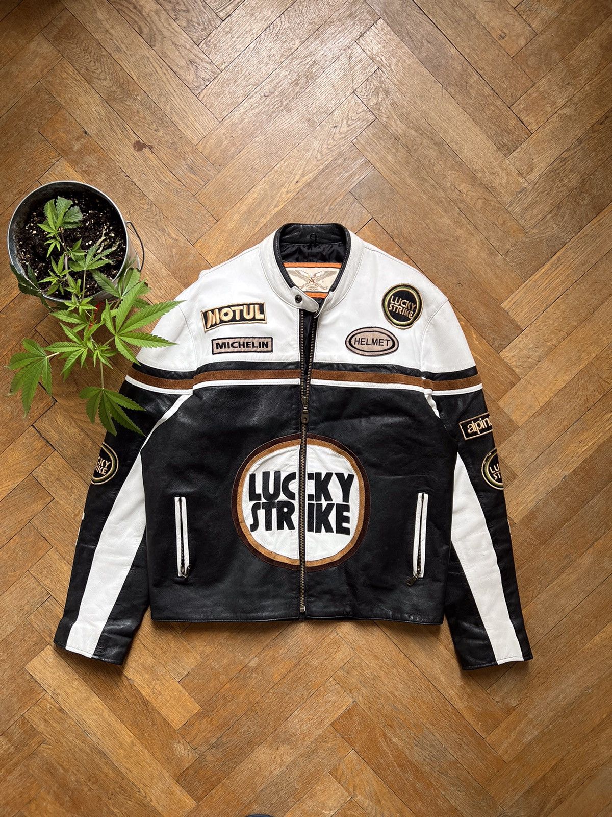 image of Lucky Strike Vintage Moto Very Leather Jacket in Blue White, Men's (Size Large)