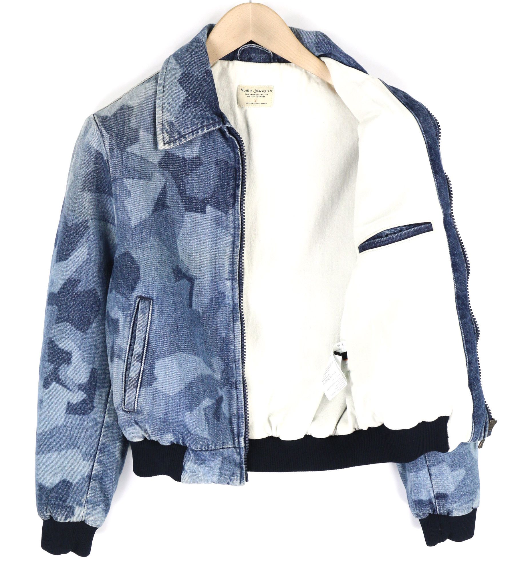 Nudie Jeans GUDRUN CAMO DENIM S Blue Cotton Bomber Jacket 81103 Size S / US 4 / IT 40 - 4 Thumbnail
