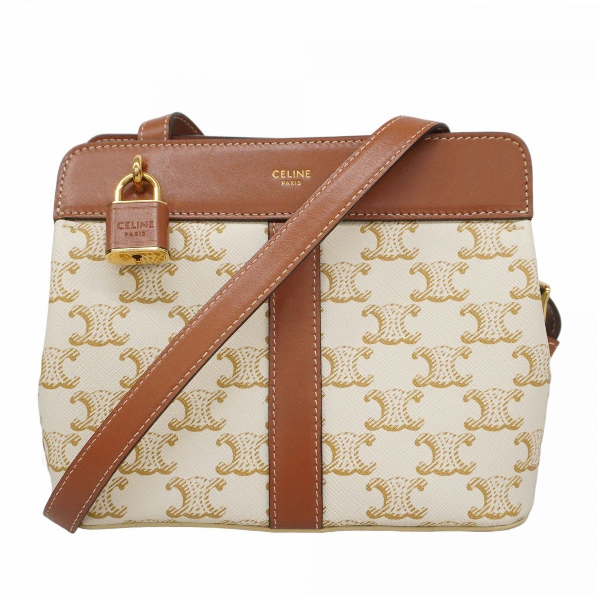 Celine Shoulder Bag Triomphe White Brown Women's